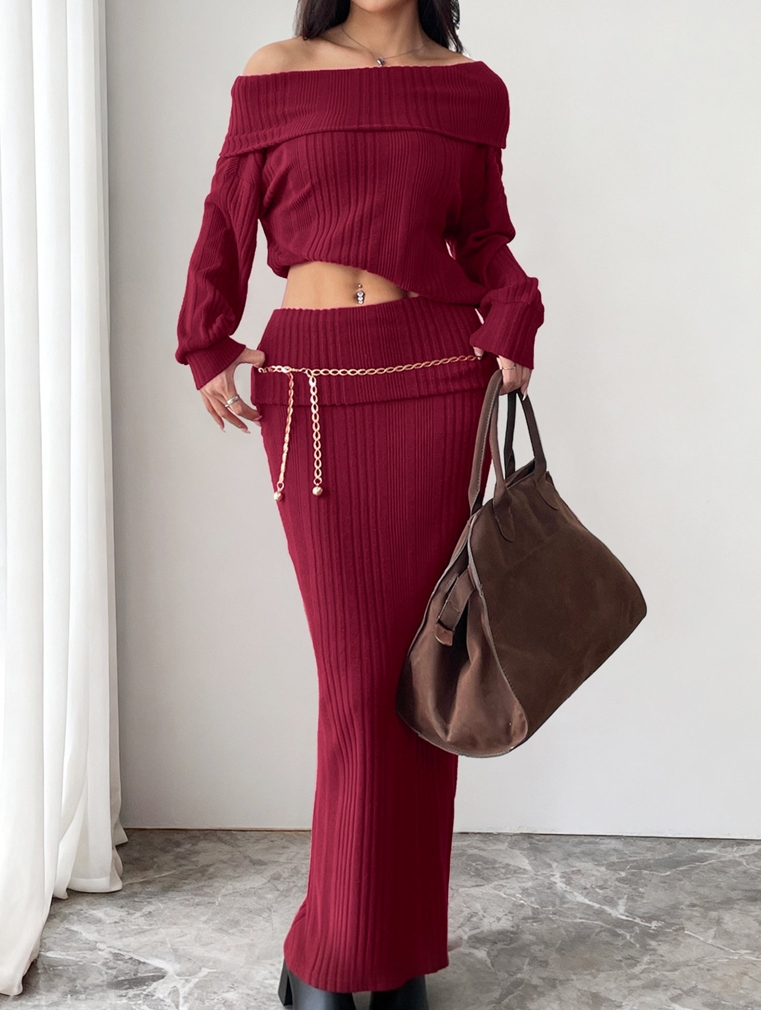 Warm Off-Shoulder Knit Two-Piece Set