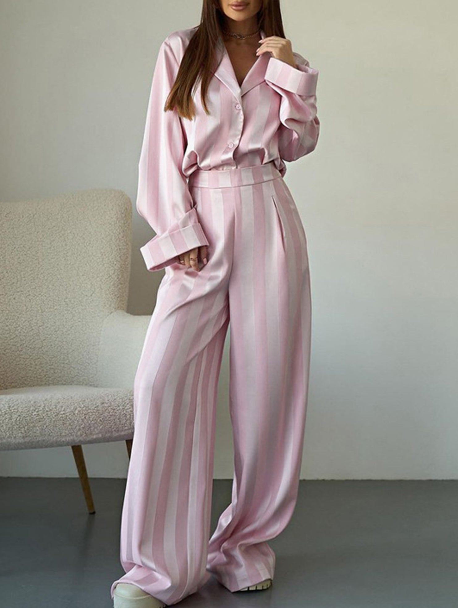 Casual collared striped wide-leg trouser suit