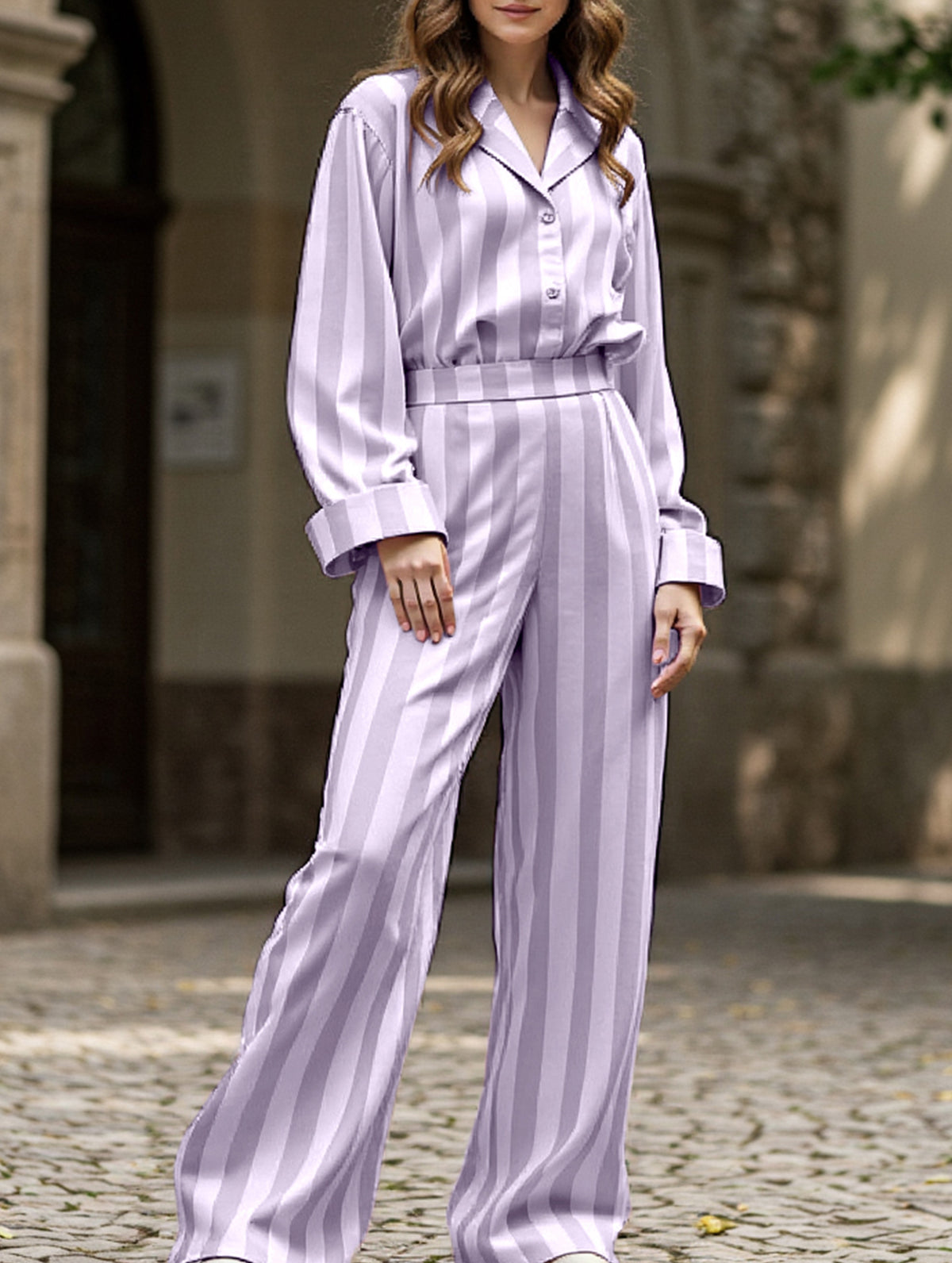Casual collared striped wide-leg trouser suit