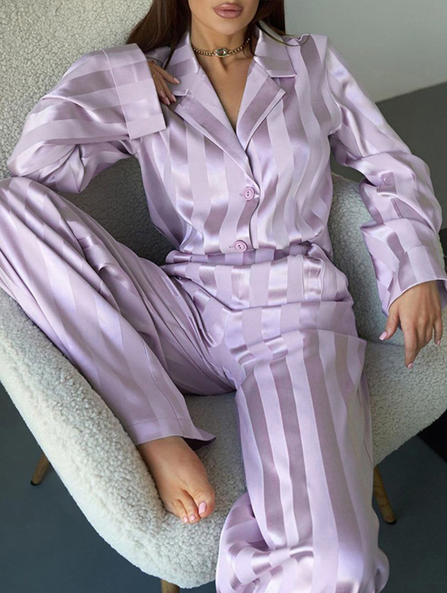 Casual collared striped wide-leg trouser suit