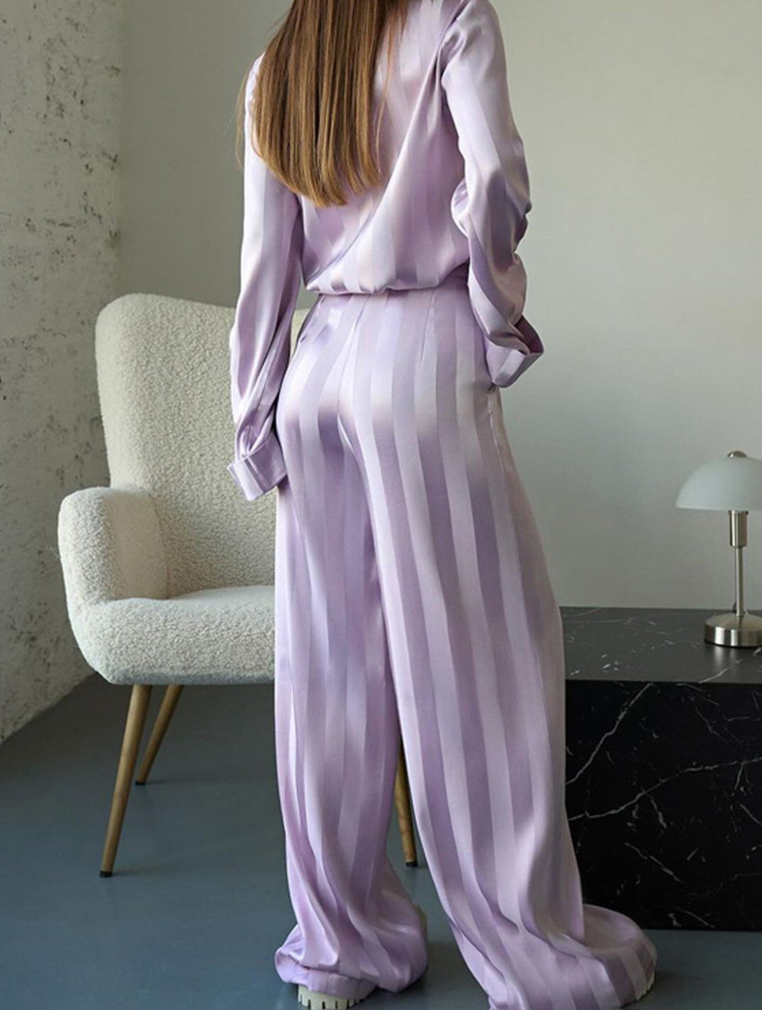 Casual collared striped wide-leg trouser suit