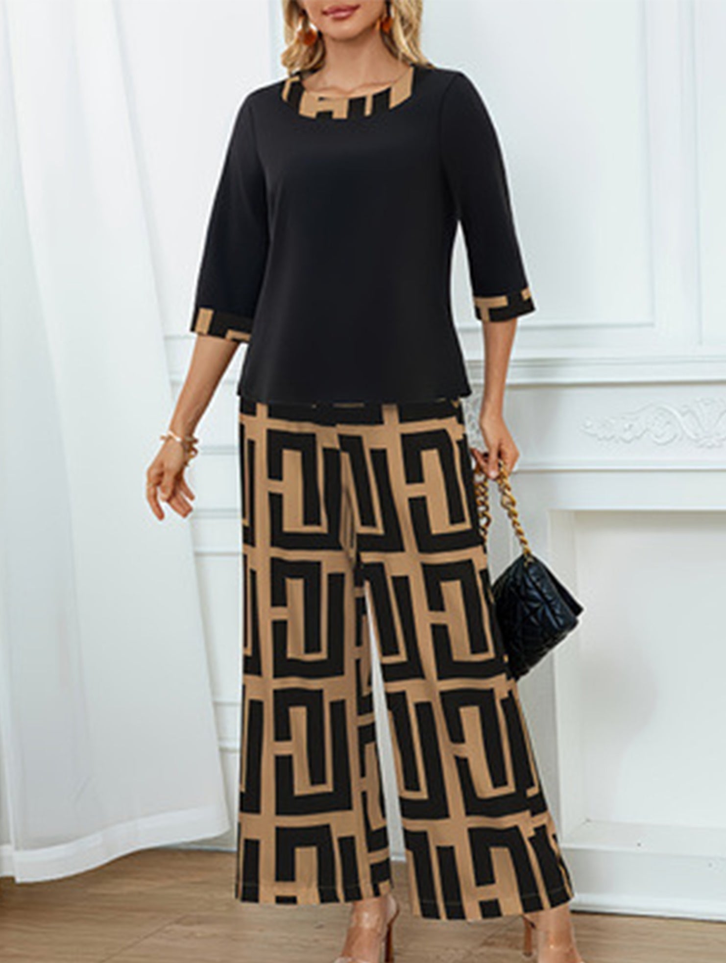 Geometric pattern top and wide-leg pants set