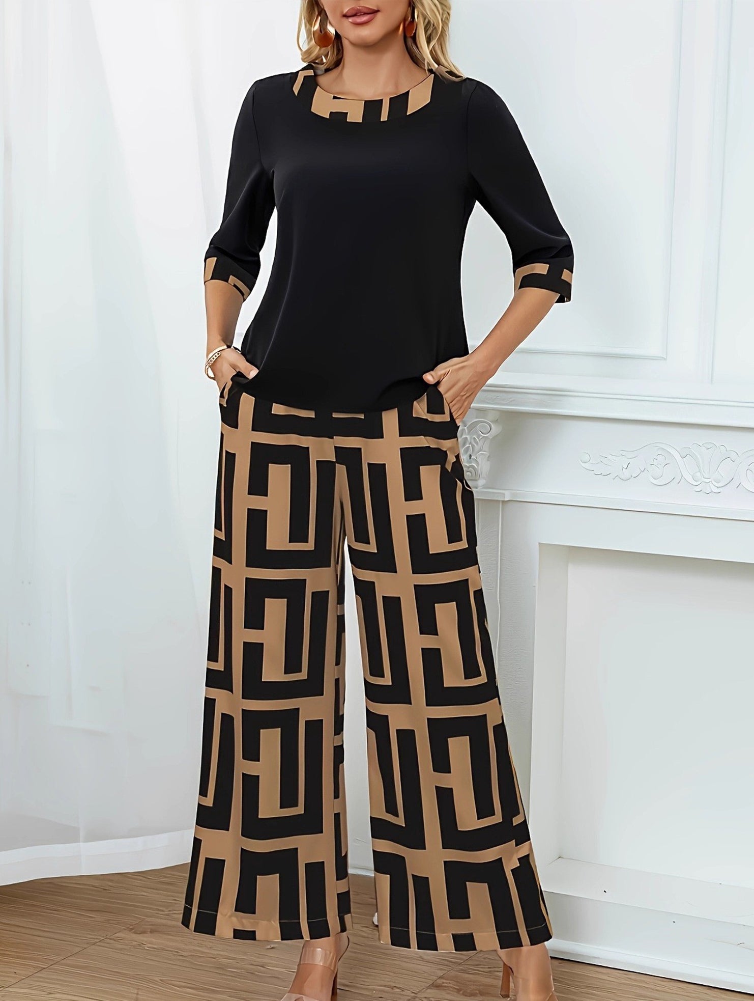 Geometric pattern top and wide-leg pants set