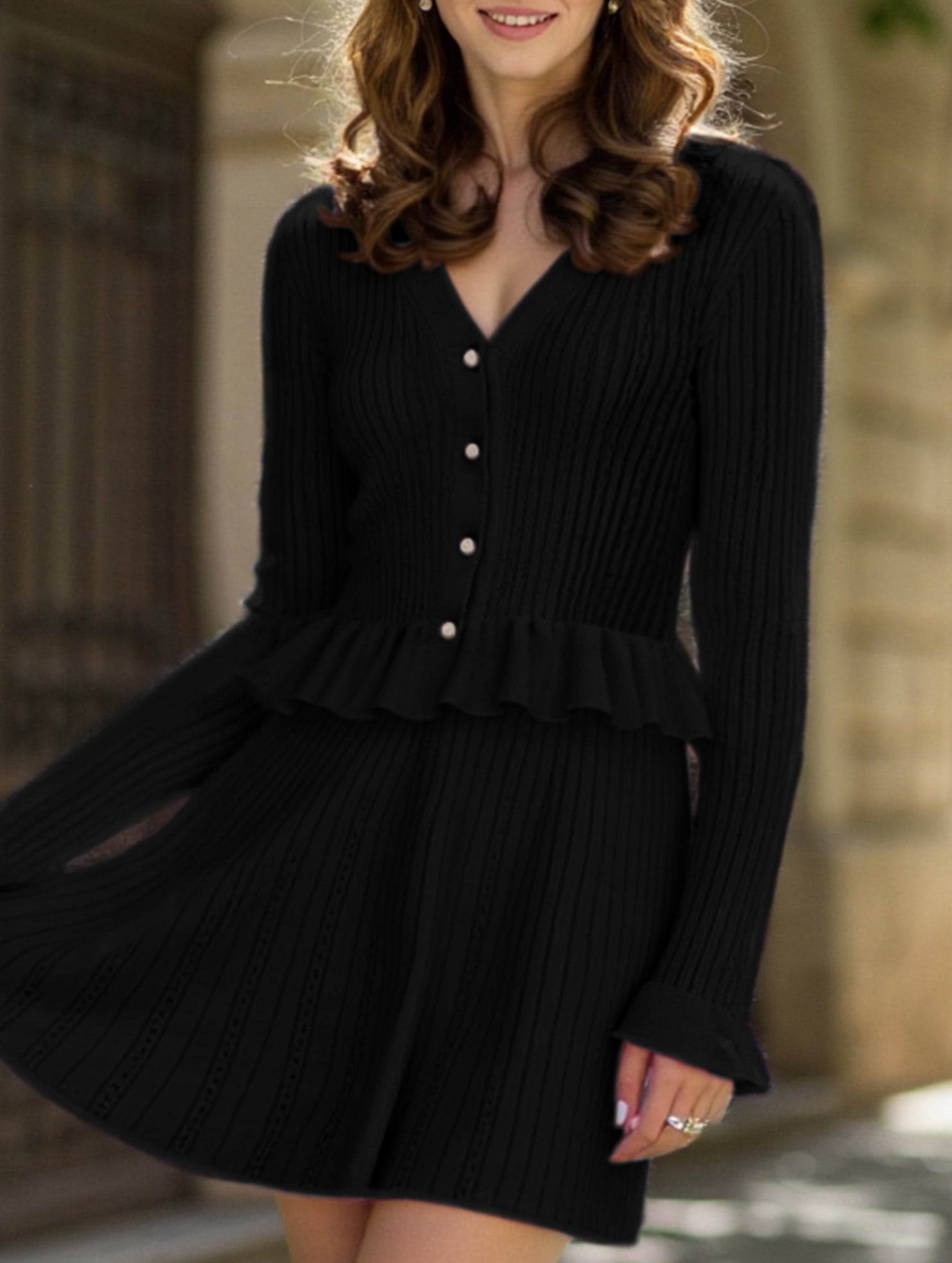 V-neck ruffled waist-cinching knit two-piece set