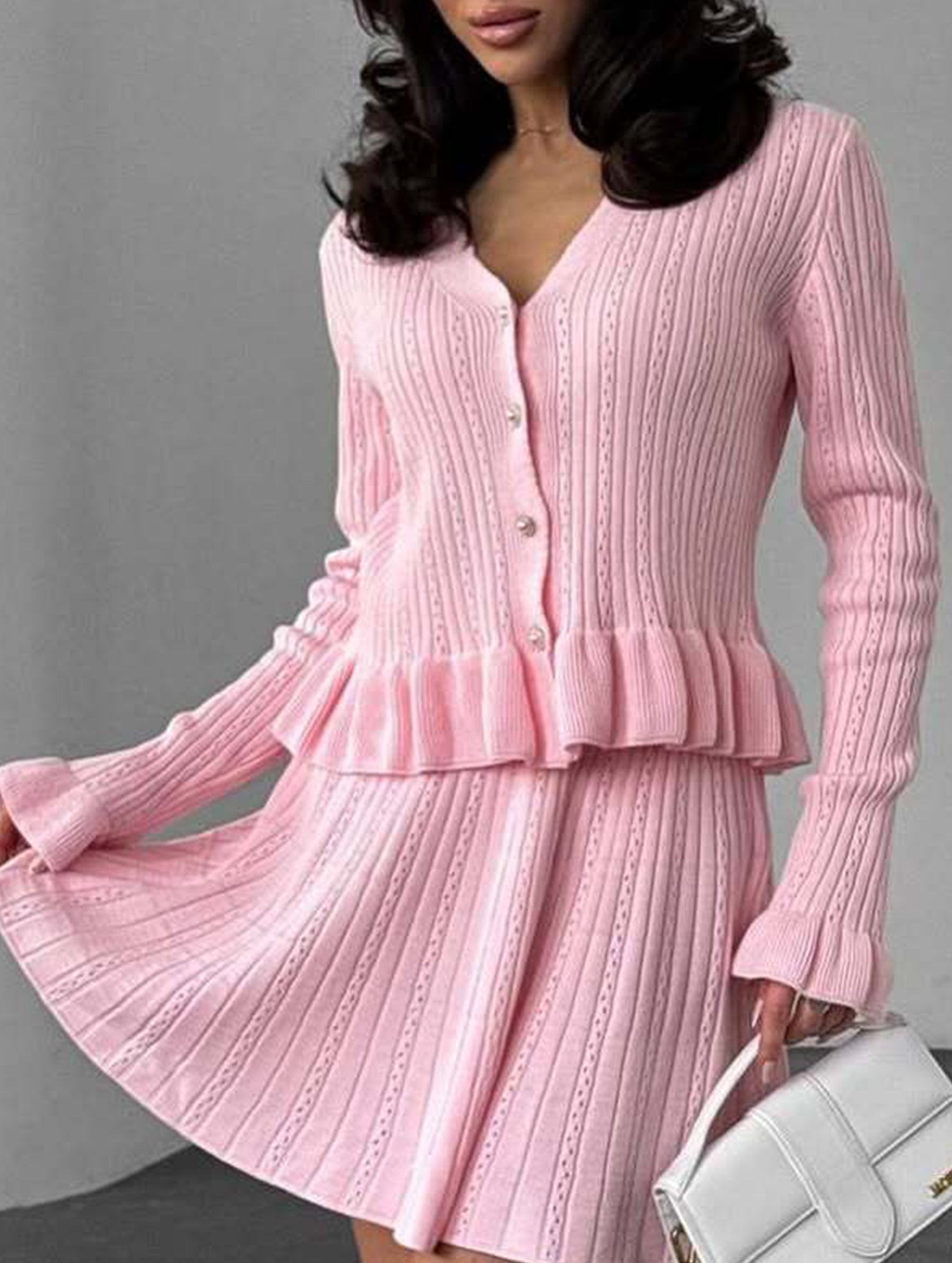 V-neck ruffled waist-cinching knit two-piece set