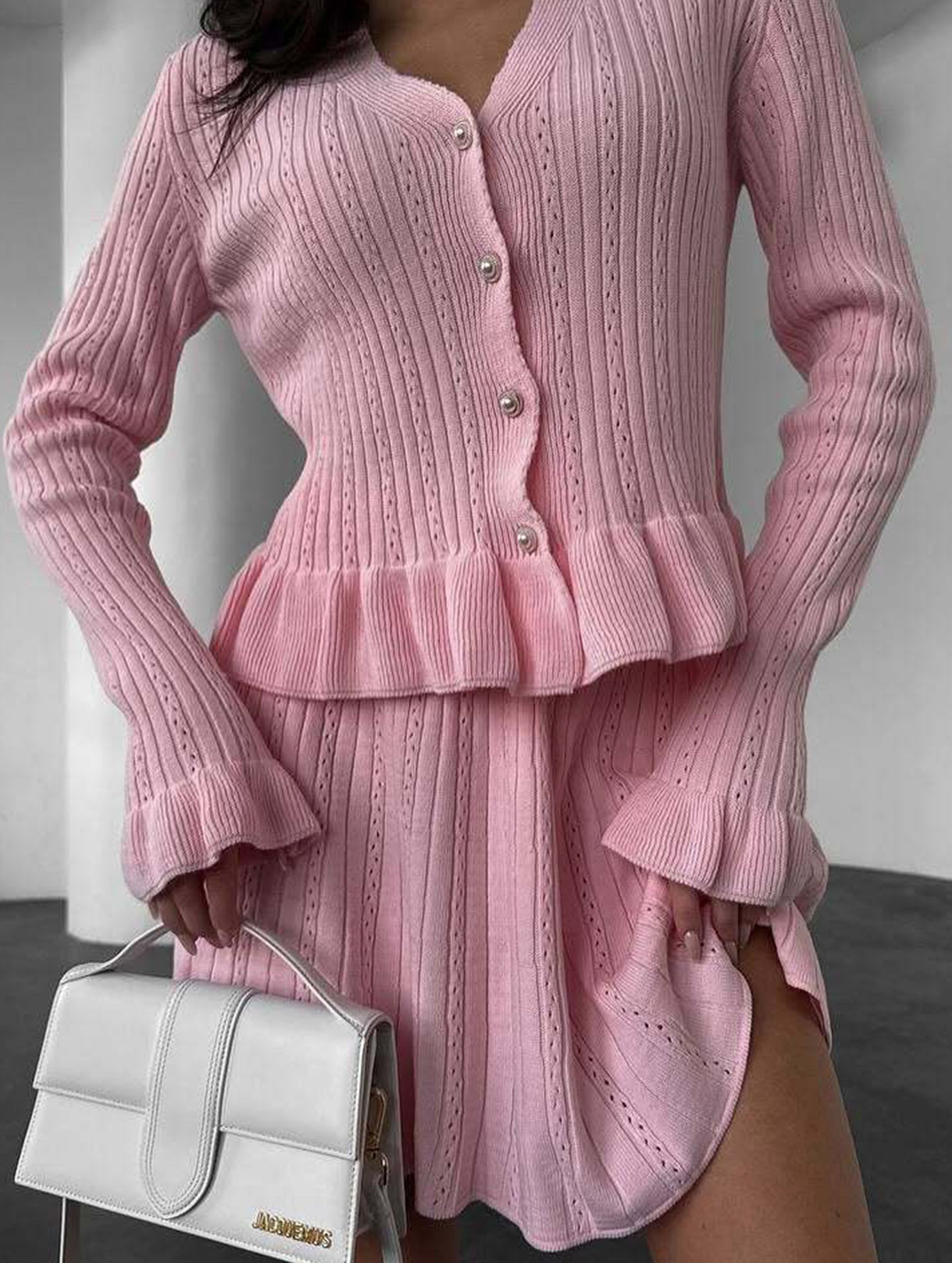 V-neck ruffled waist-cinching knit two-piece set