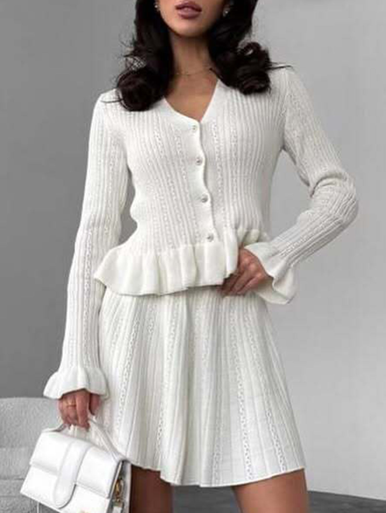 V-neck ruffled waist-cinching knit two-piece set