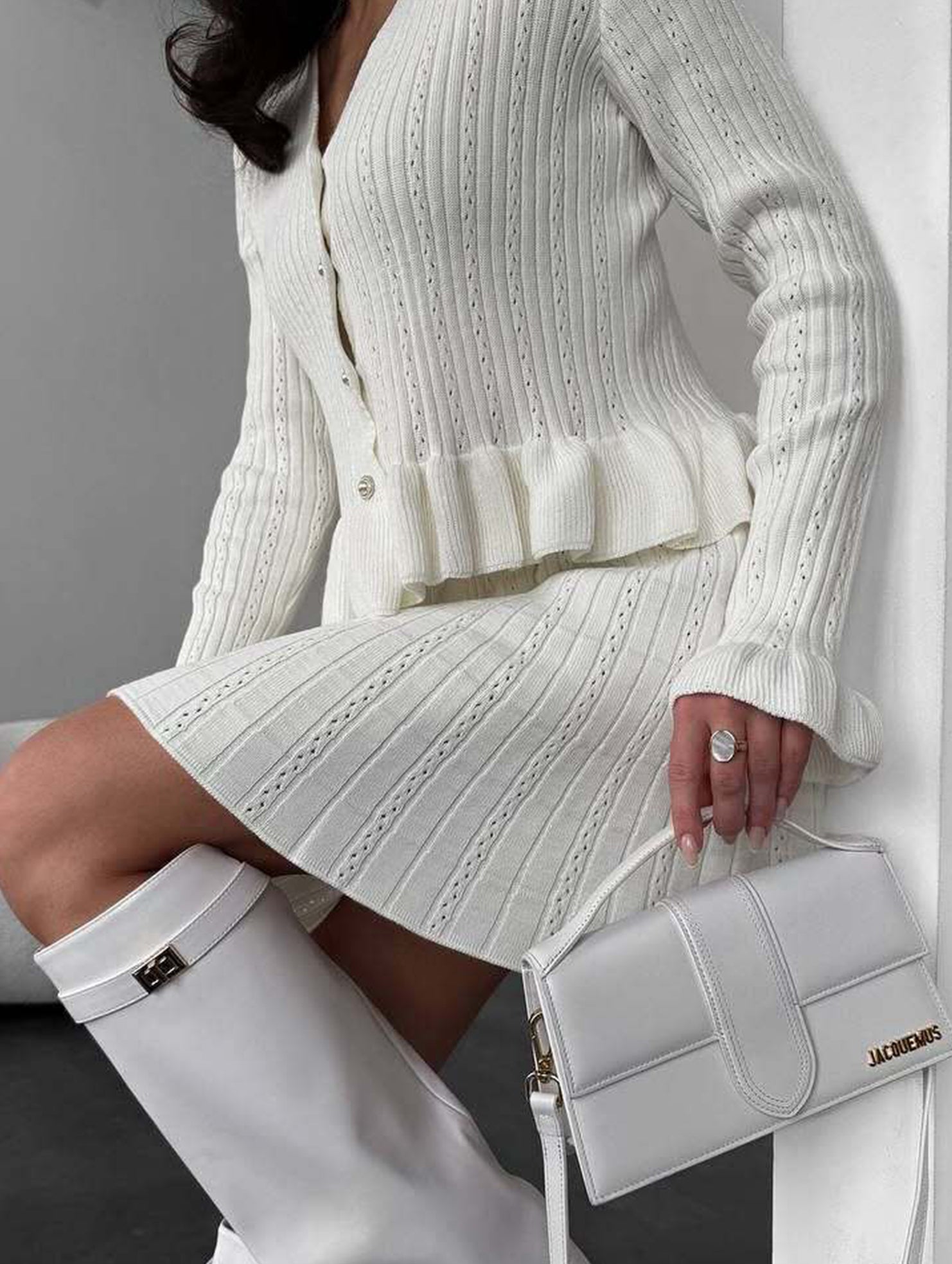 V-neck ruffled waist-cinching knit two-piece set