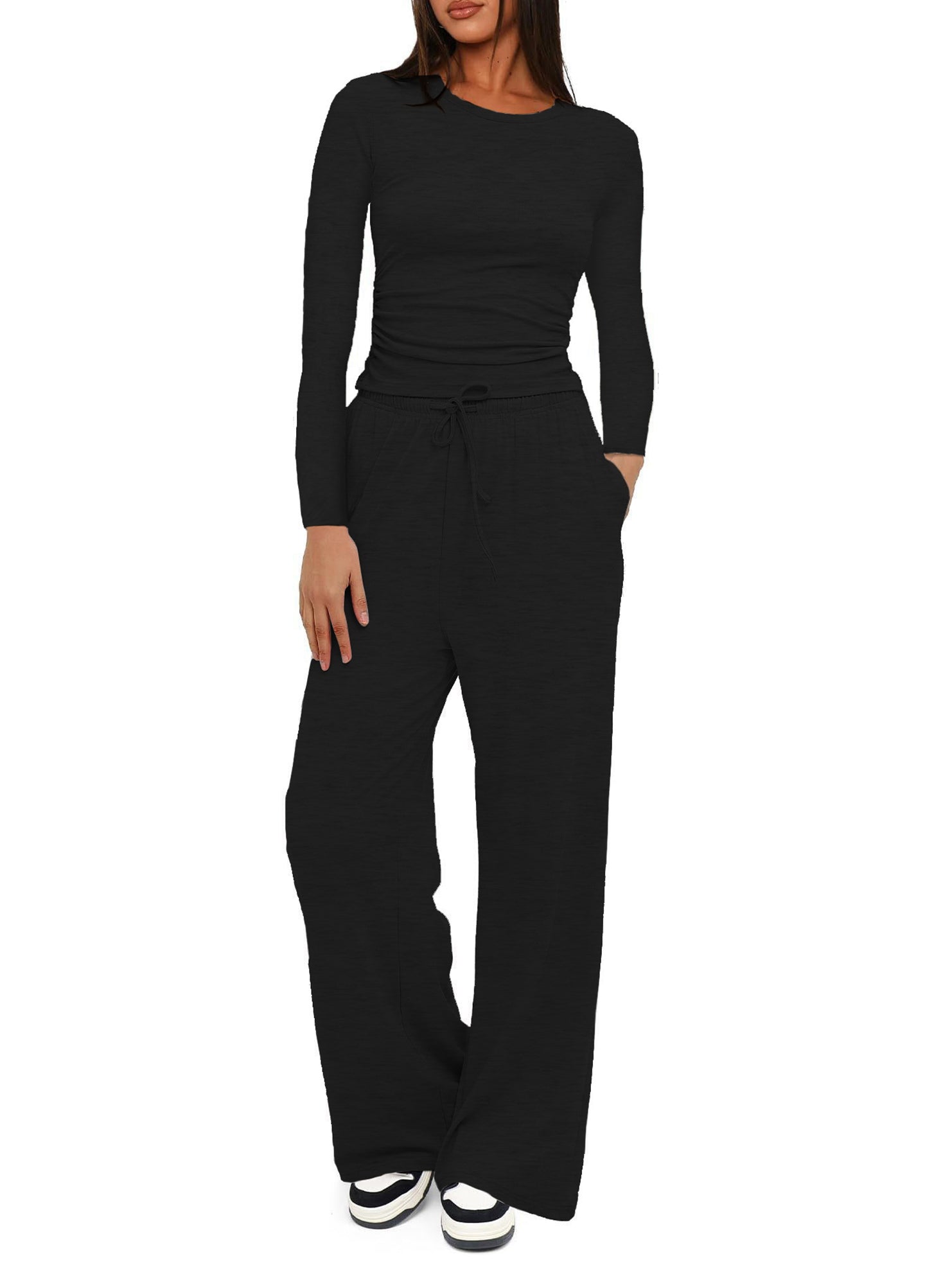Casual suit top with high-waisted wide-leg pants