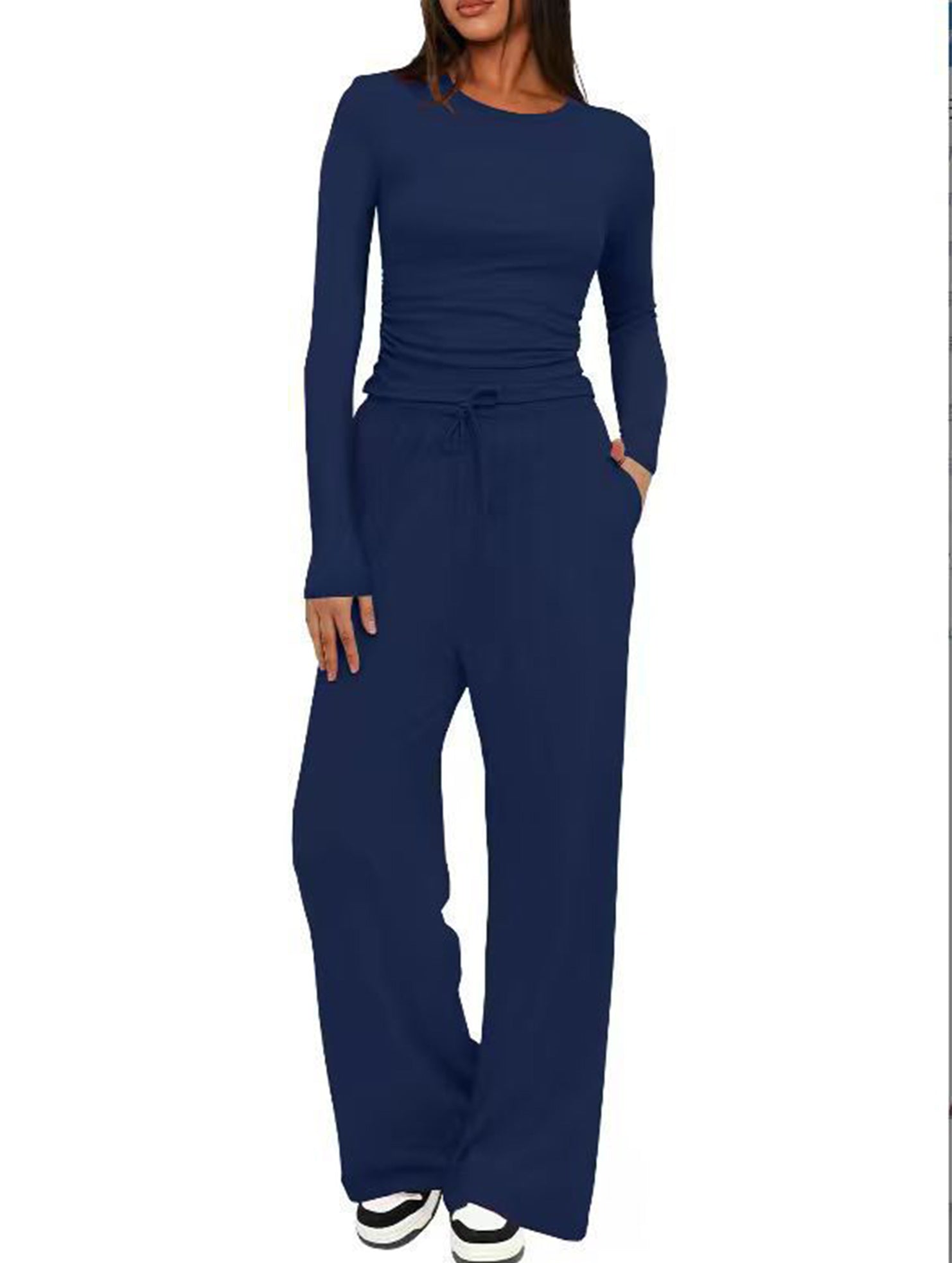 Casual suit top with high-waisted wide-leg pants