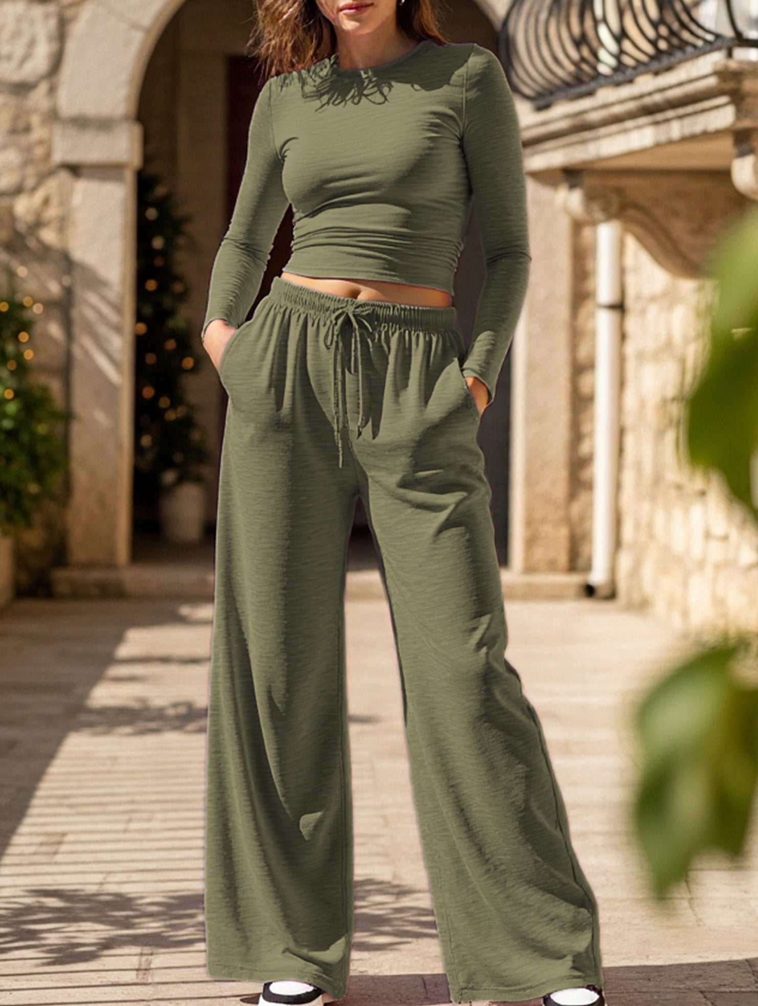 Casual suit top with high-waisted wide-leg pants