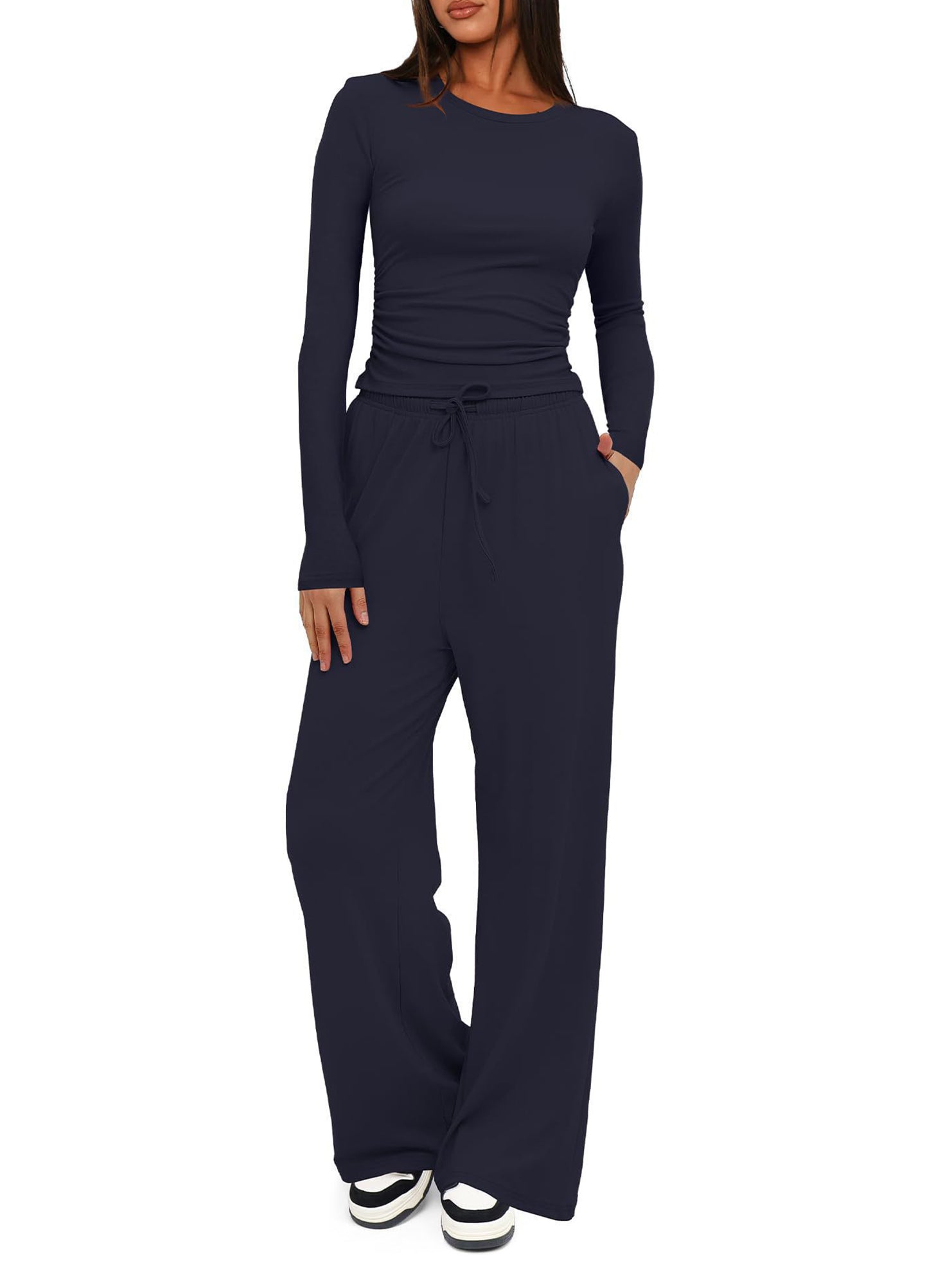 Casual suit top with high-waisted wide-leg pants