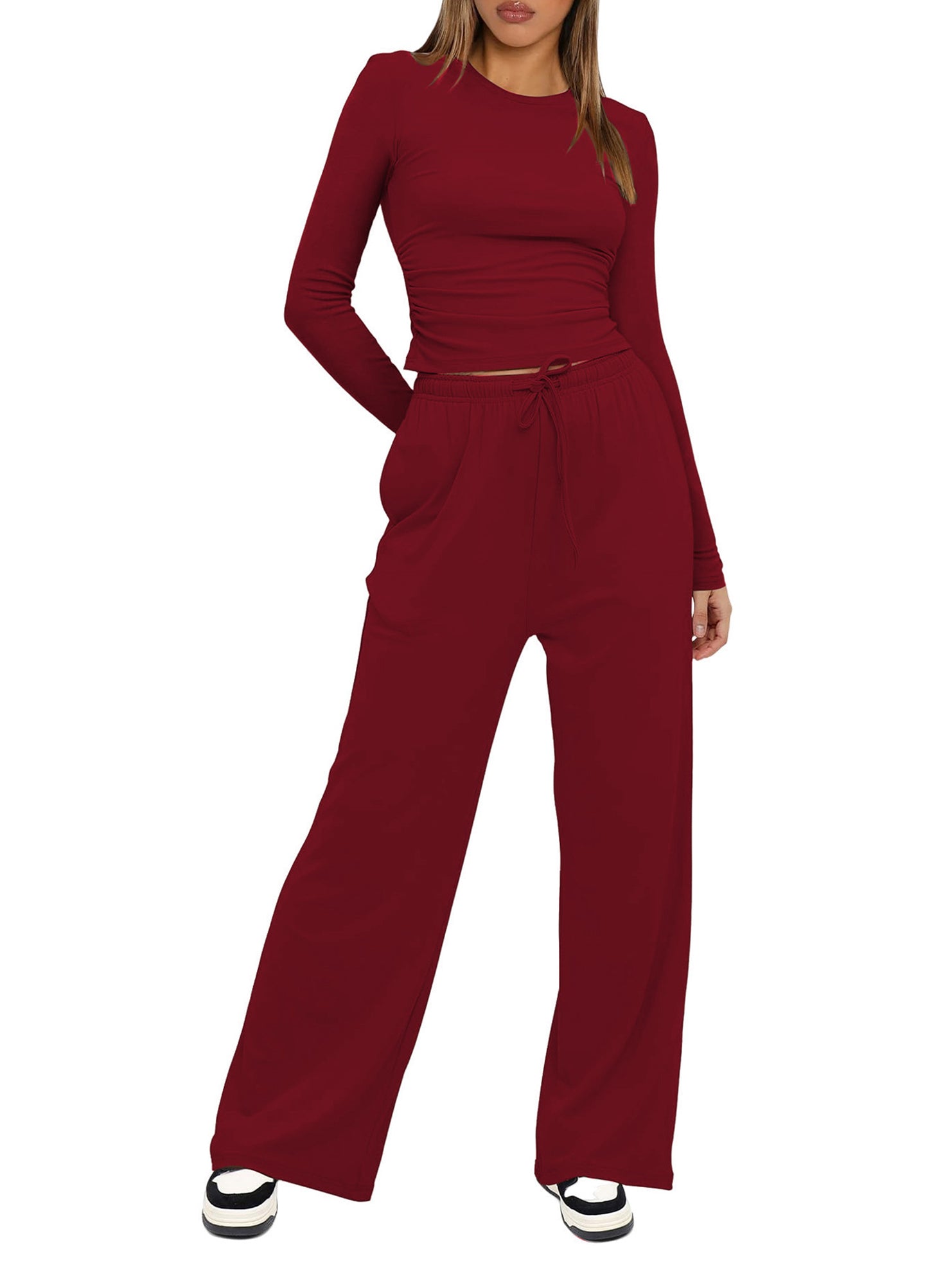 Casual suit top with high-waisted wide-leg pants