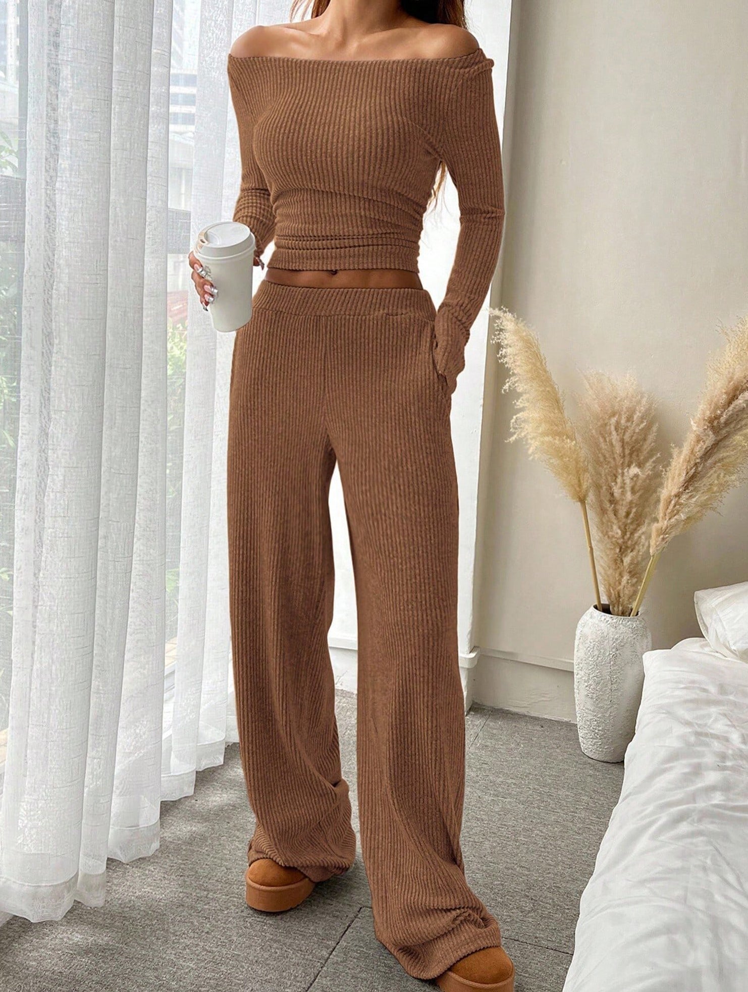 Casual Elastic Waist Wide-Leg Pants Set