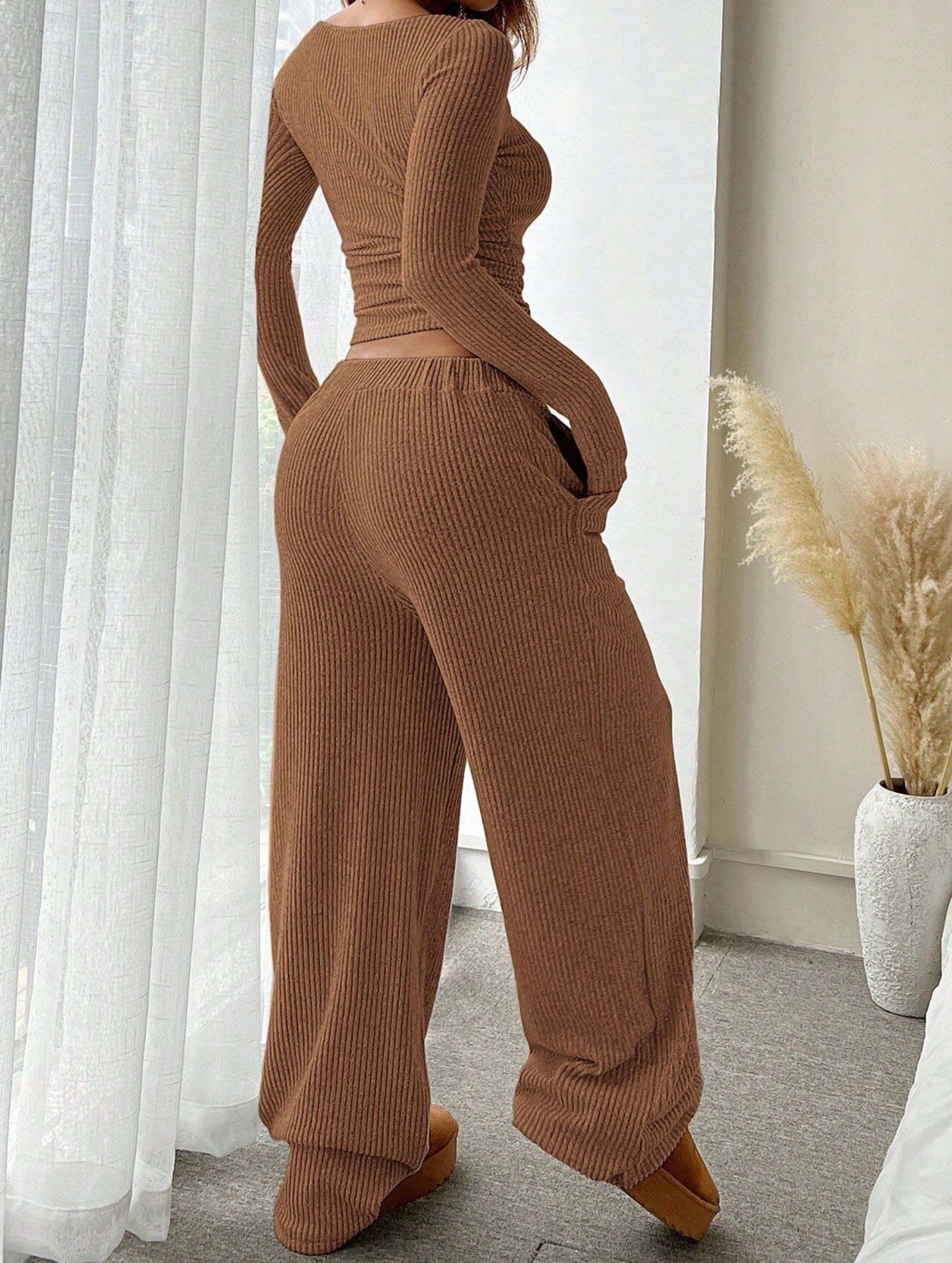 Casual Elastic Waist Wide-Leg Pants Set