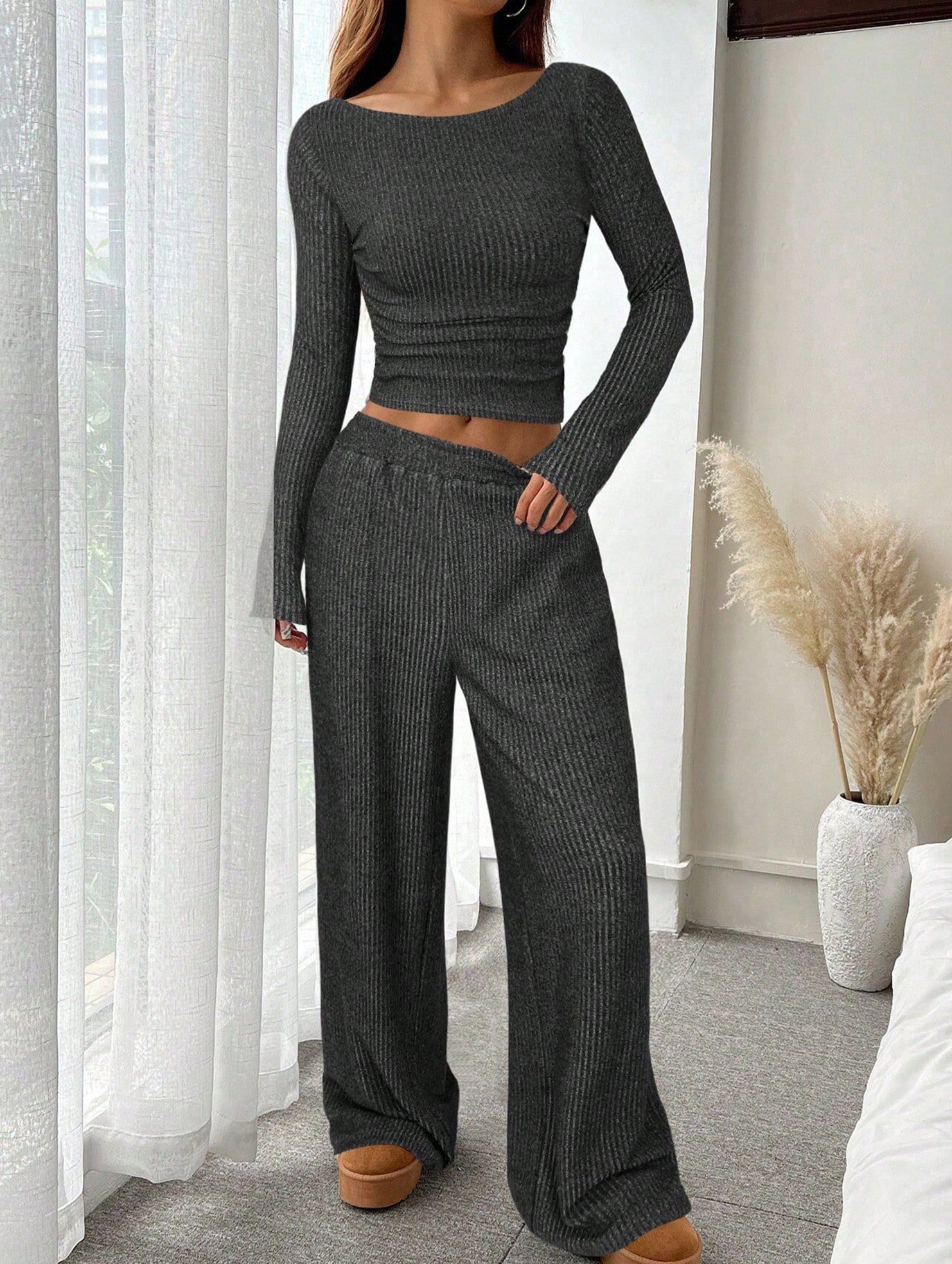 Casual Elastic Waist Wide-Leg Pants Set
