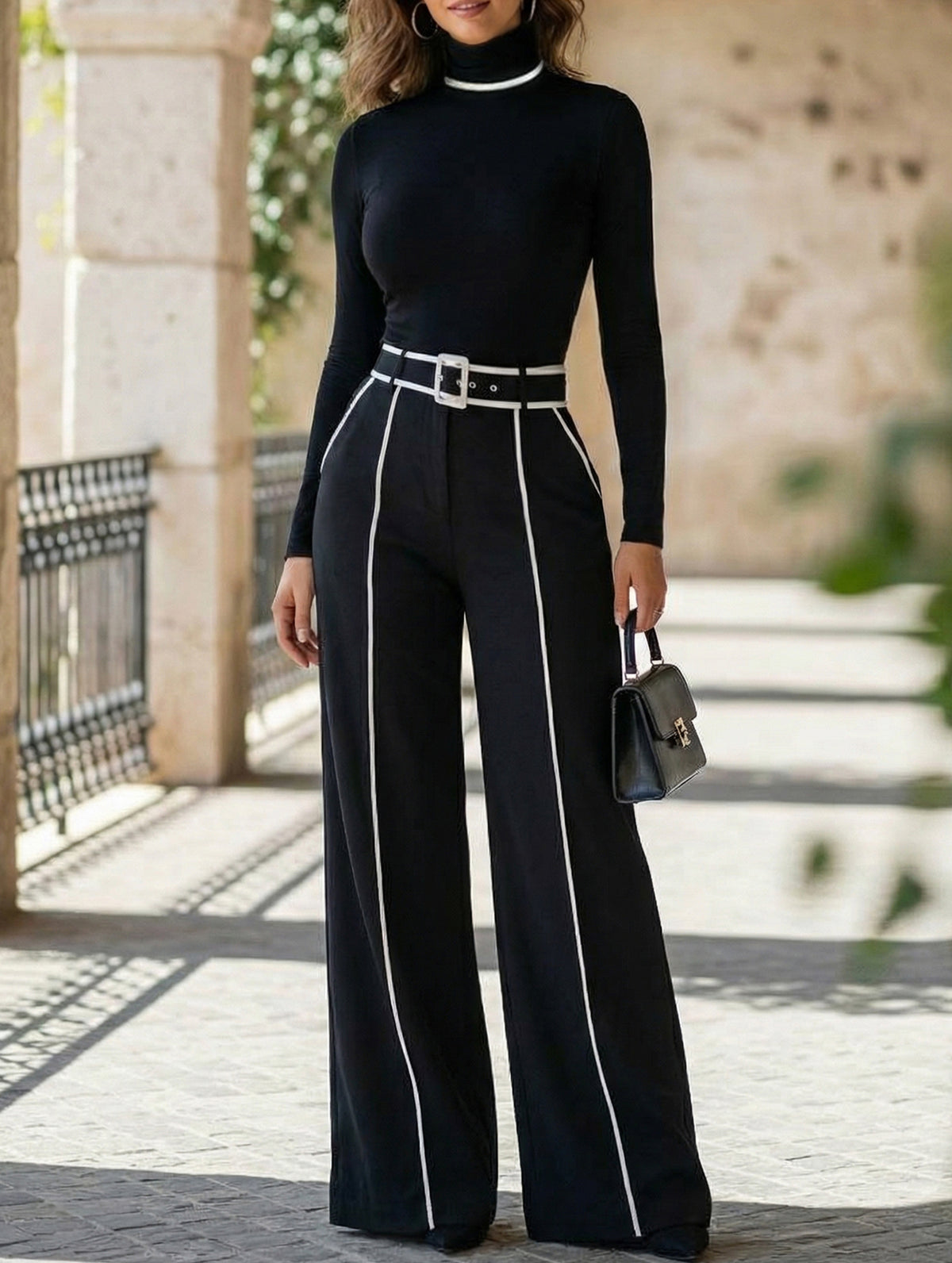 Slimming long-sleeved knit wide-leg pants set