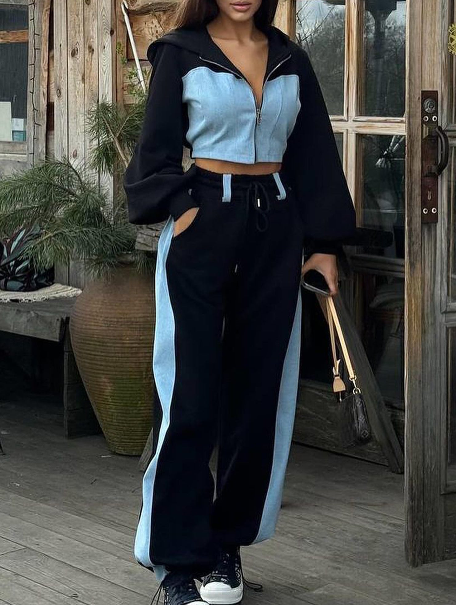 Casual denim patchwork hooded two-piece set