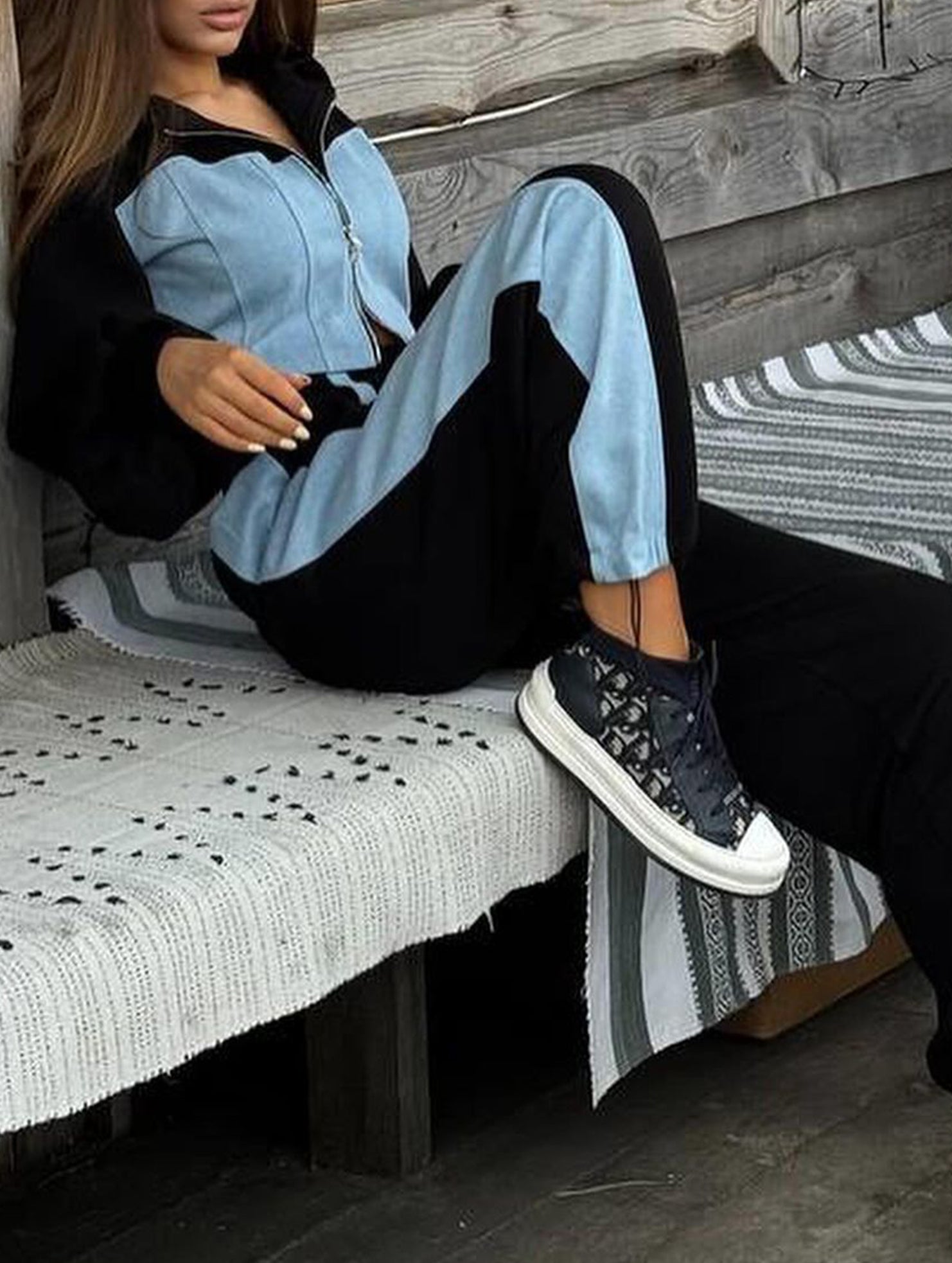 Casual denim patchwork hooded two-piece set