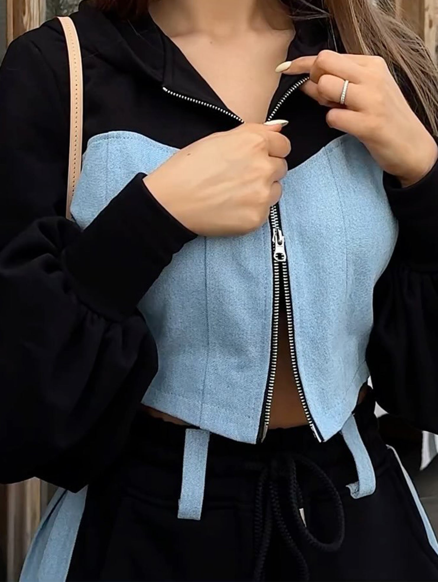 Casual denim patchwork hooded two-piece set