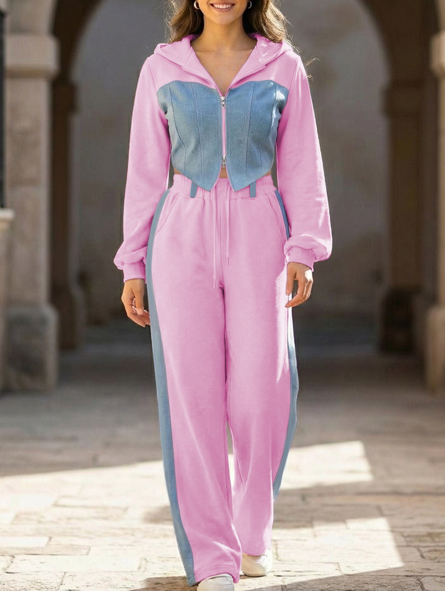 Casual denim patchwork hooded two-piece set