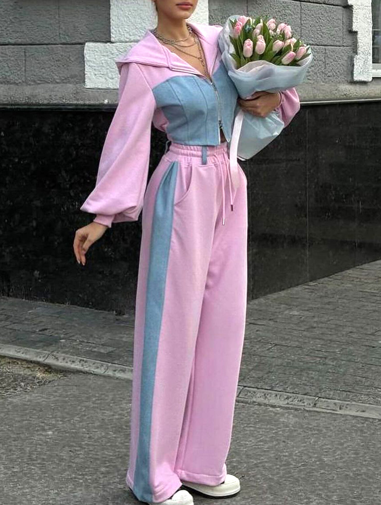 Casual denim patchwork hooded two-piece set