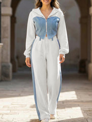 Casual denim patchwork hooded two-piece set