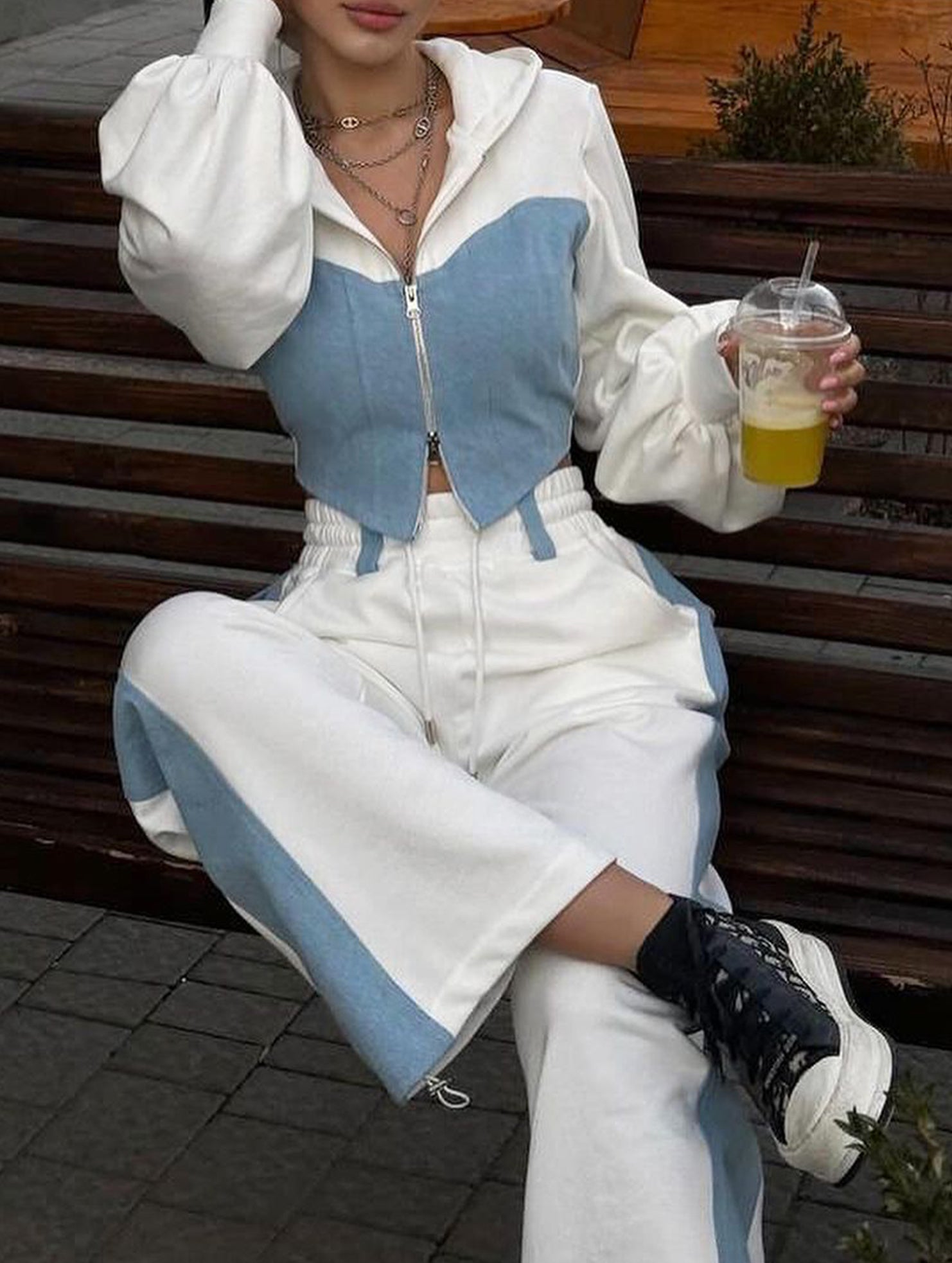 Casual denim patchwork hooded two-piece set