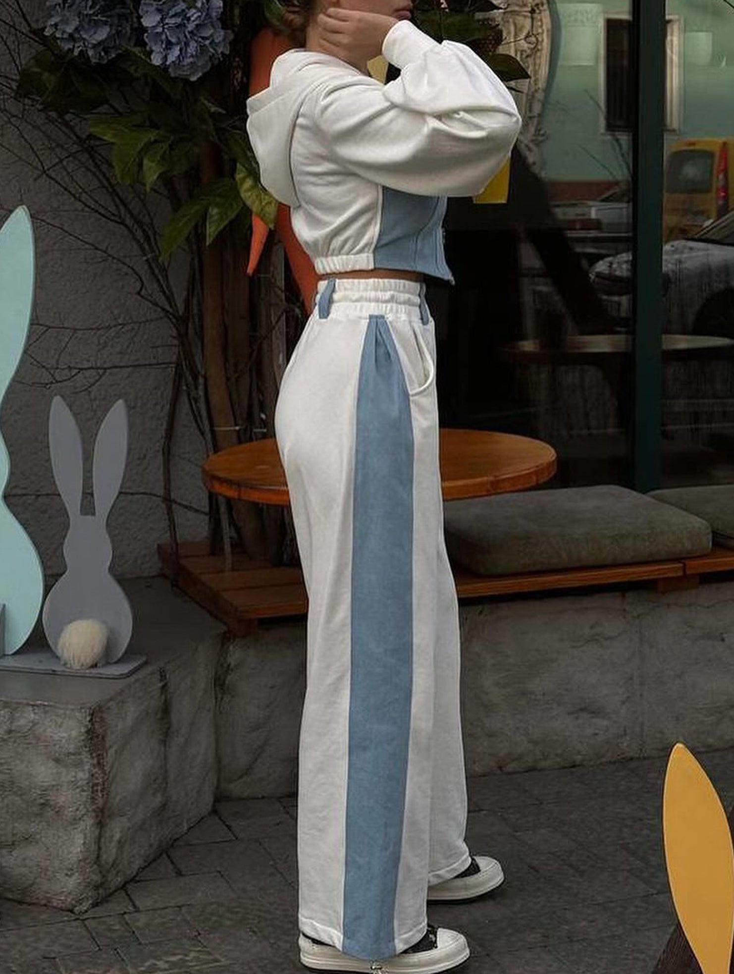 Casual denim patchwork hooded two-piece set