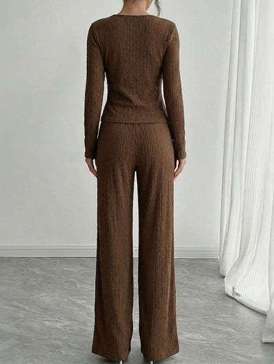 V-neck crossover long-sleeved T-shirt and trousers set