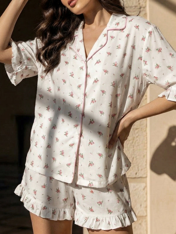 Summer printed cardigan ruffled pajamas for women