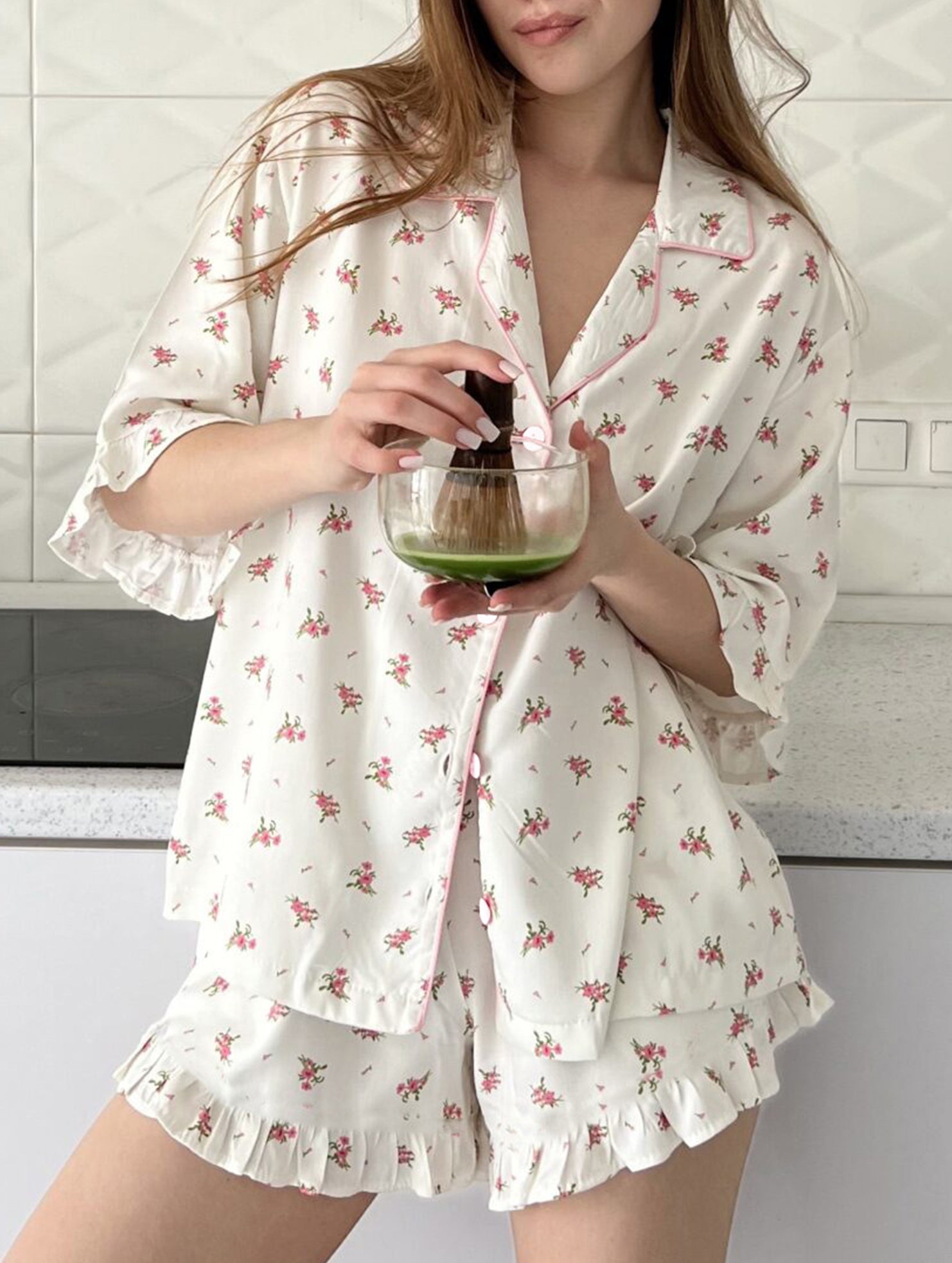 Summer printed cardigan ruffled pajamas for women