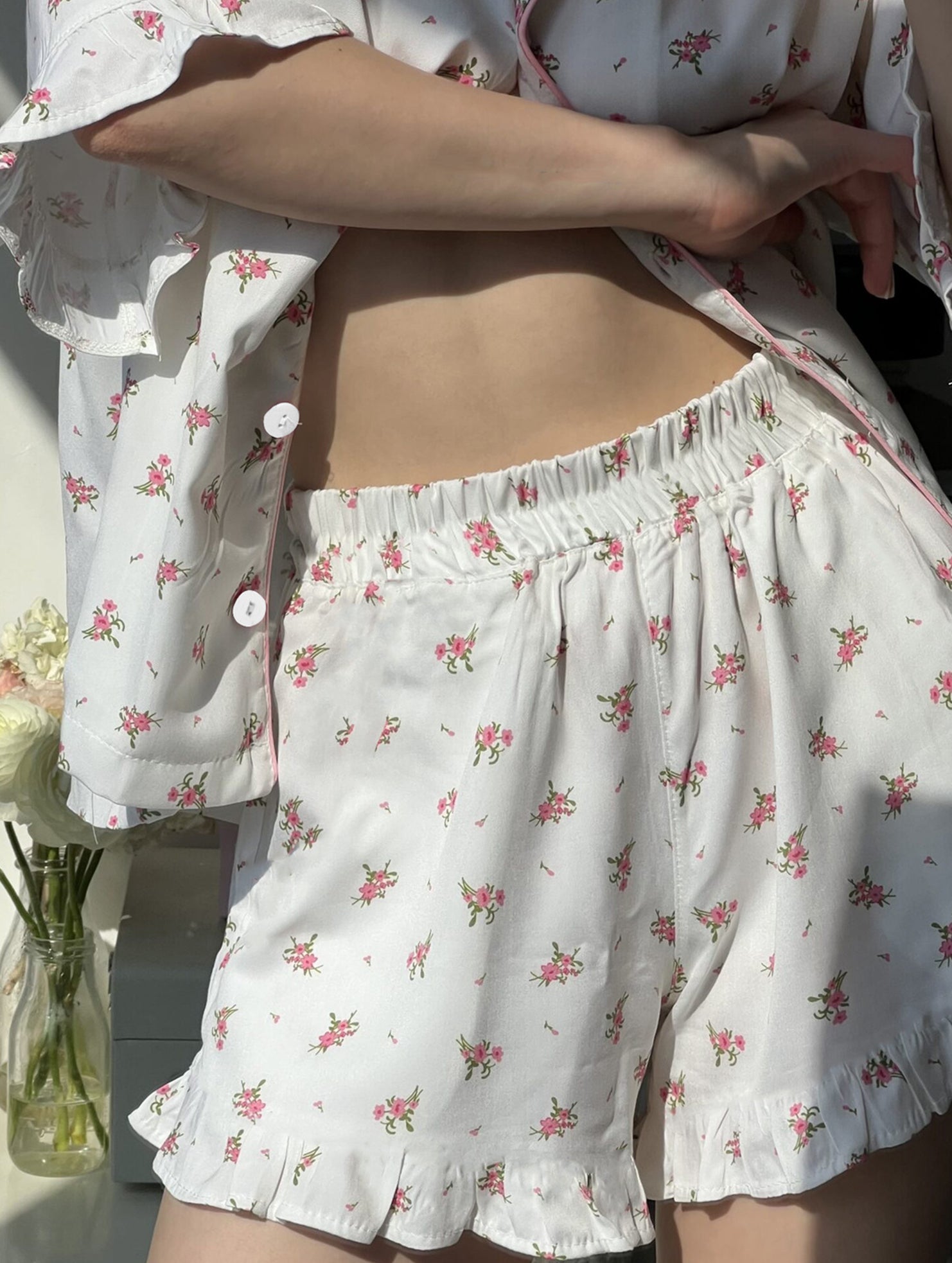 Summer printed cardigan ruffled pajamas for women