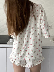 Summer printed cardigan ruffled pajamas for women