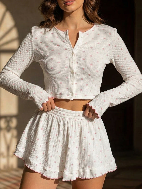 Women's openwork cardigan with heart print pajamas