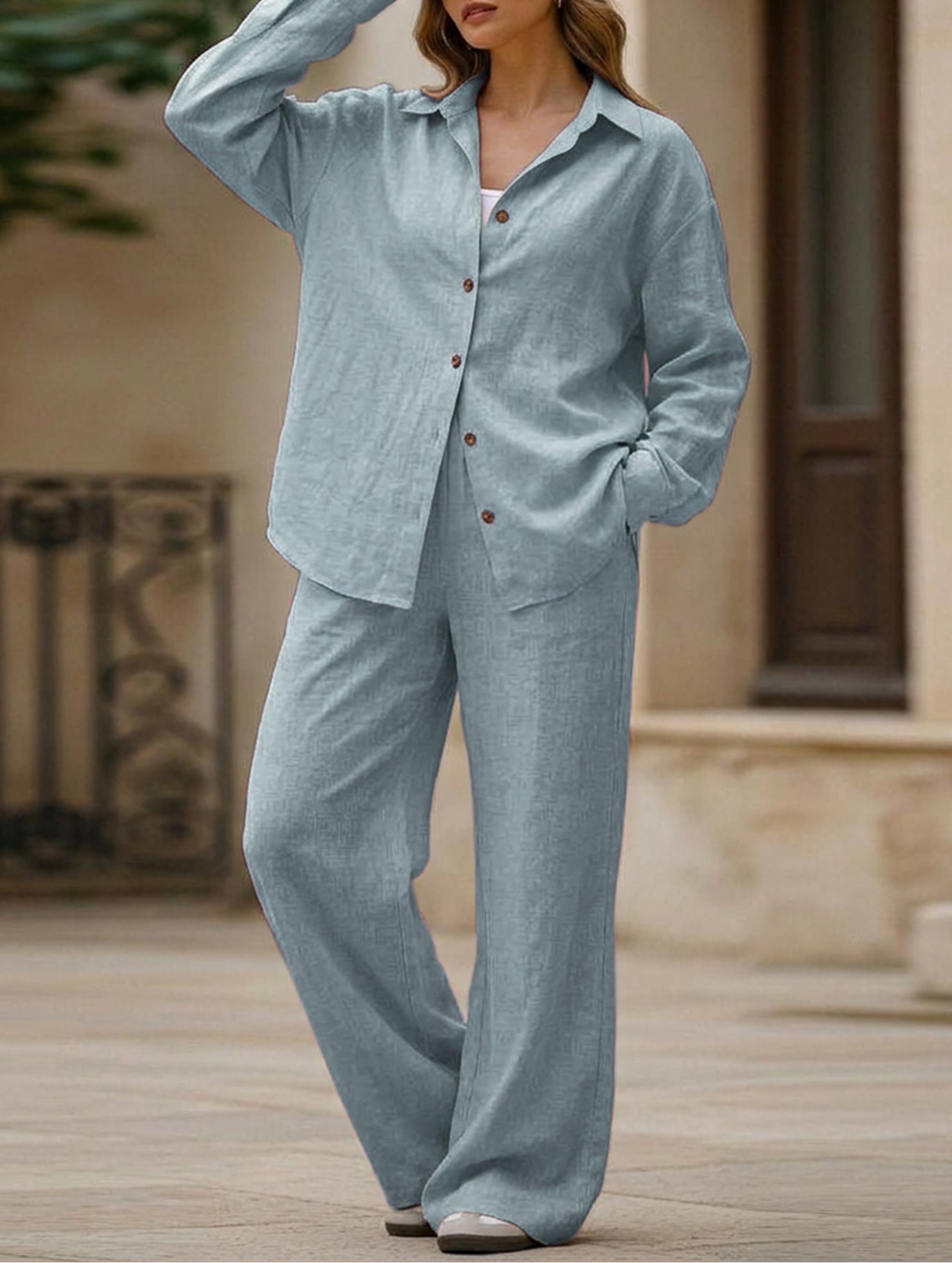 Casual, loose-fitting, and relaxed style shirt set