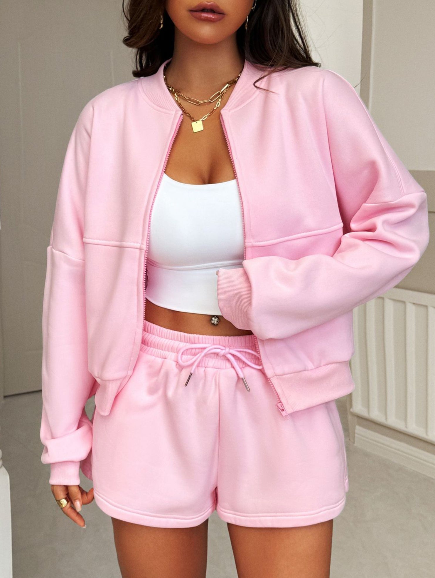 Women's Sporty Casual Jacket and Shorts Set