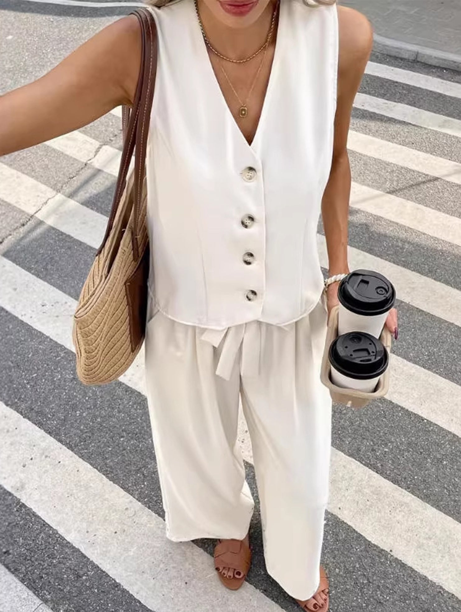 Elegant V-neck single-breasted vest and trousers set