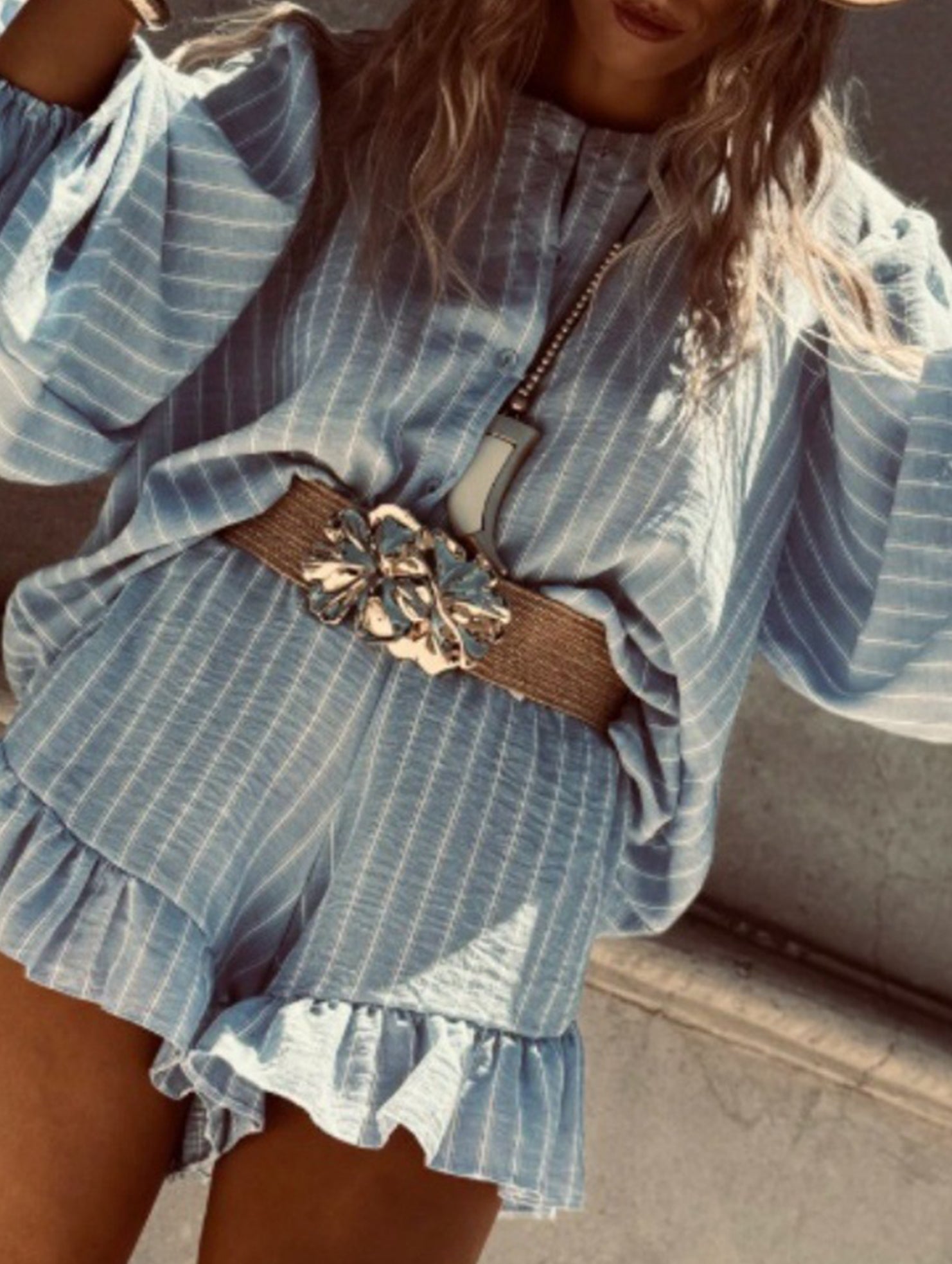 Striped puff sleeve ruffle shirt suit for women_CWSS01429