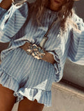 Striped puff sleeve ruffle shirt suit for women_CWSS01429