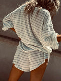 Striped lantern sleeve round neck suit for women