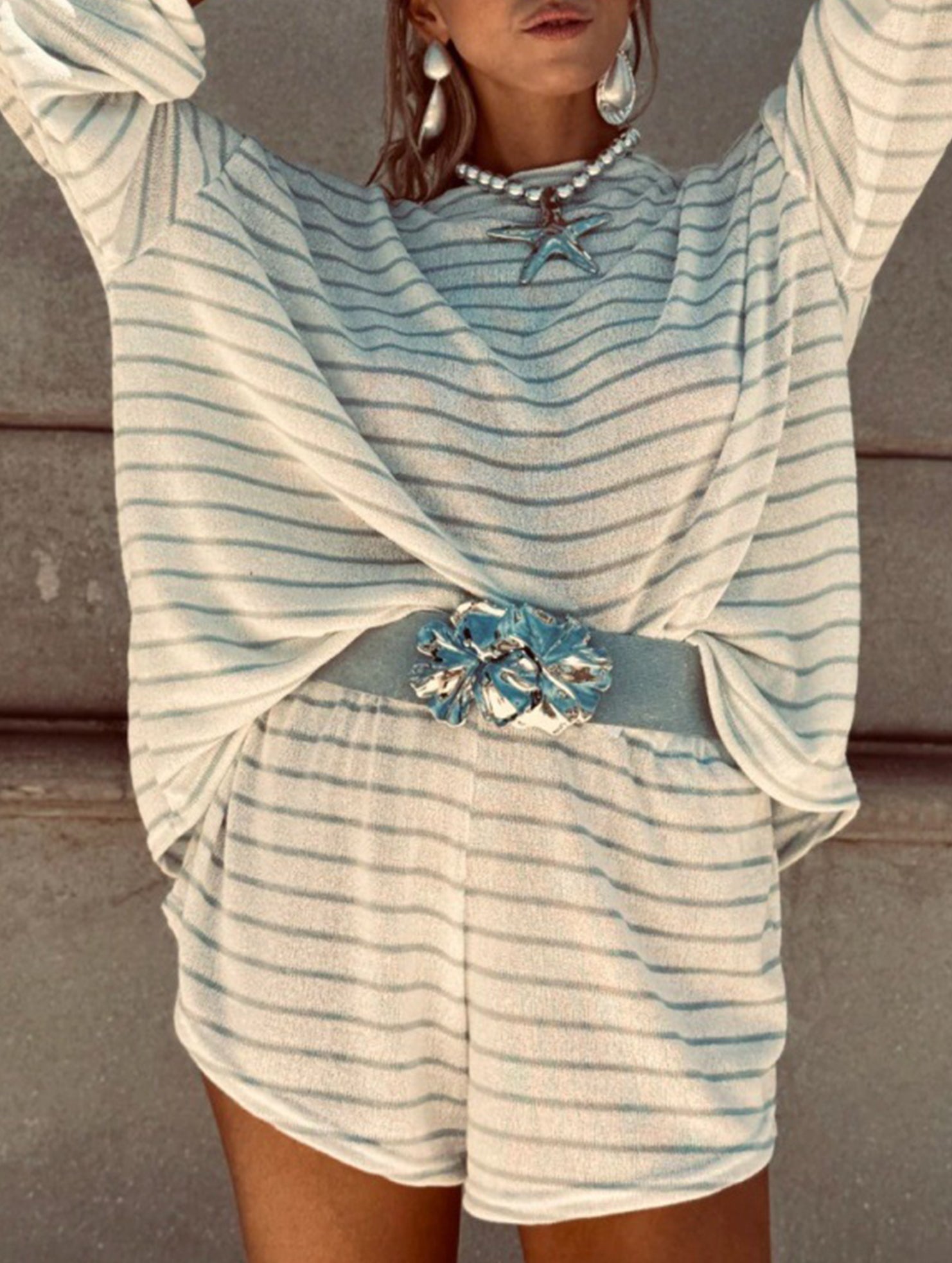 Striped lantern sleeve round neck suit for women