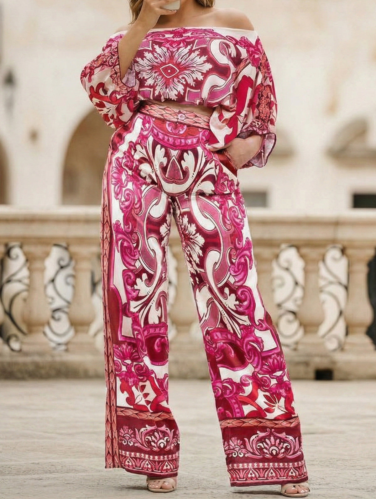 Printed Cold Shoulder Long Sleeve Set_CWSS01436