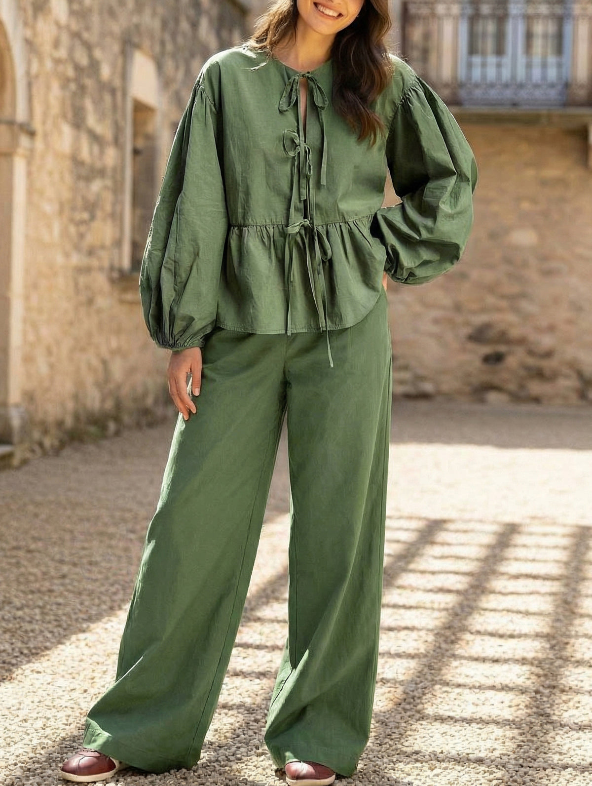 Stylish Ruffled Puff Sleeve Top and Pants Set_CWSS01438