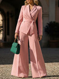 Fashionable belted jacket and trouser suit for women