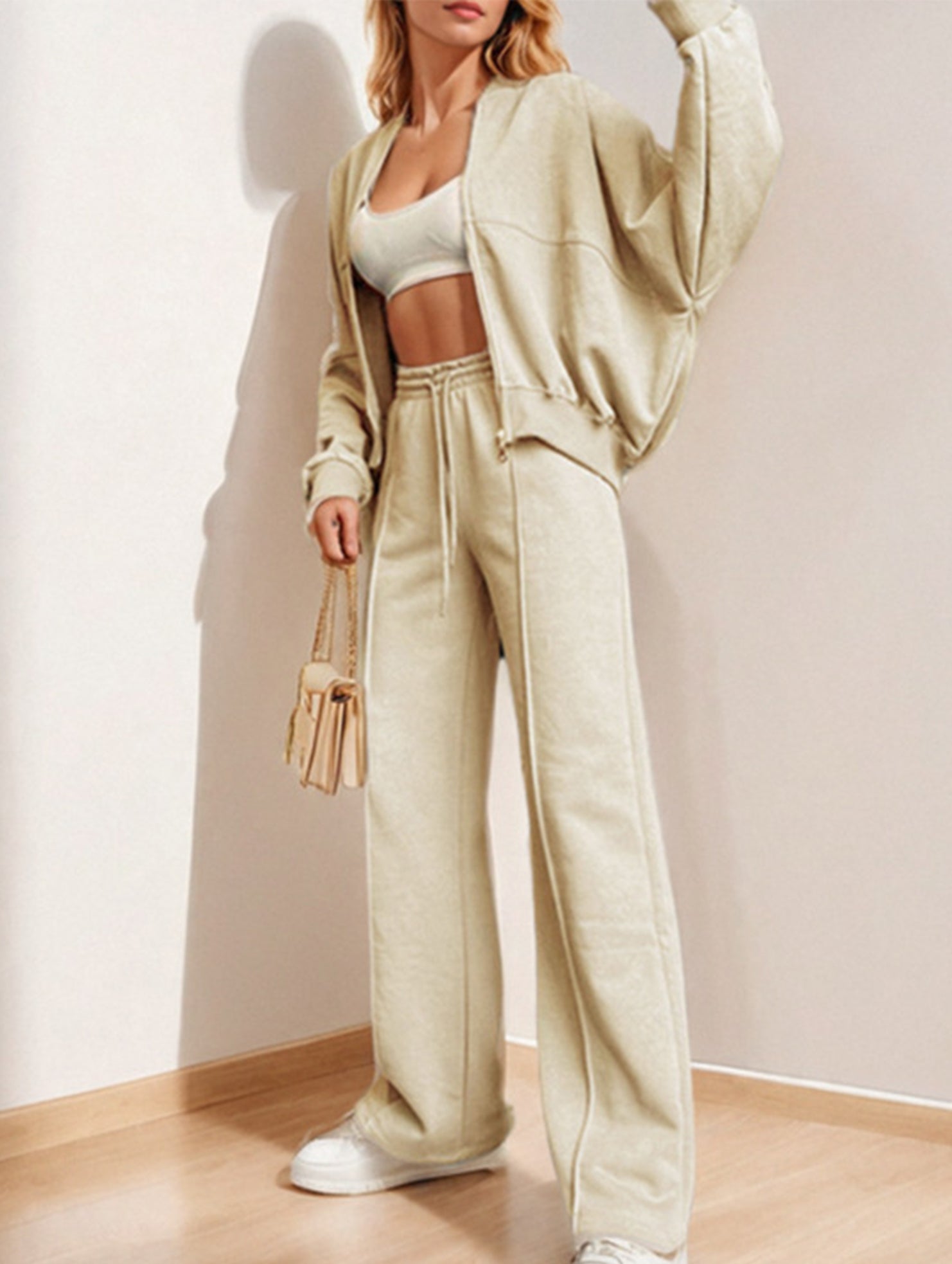 Women's drawstring sweatshirt and straight leg pants