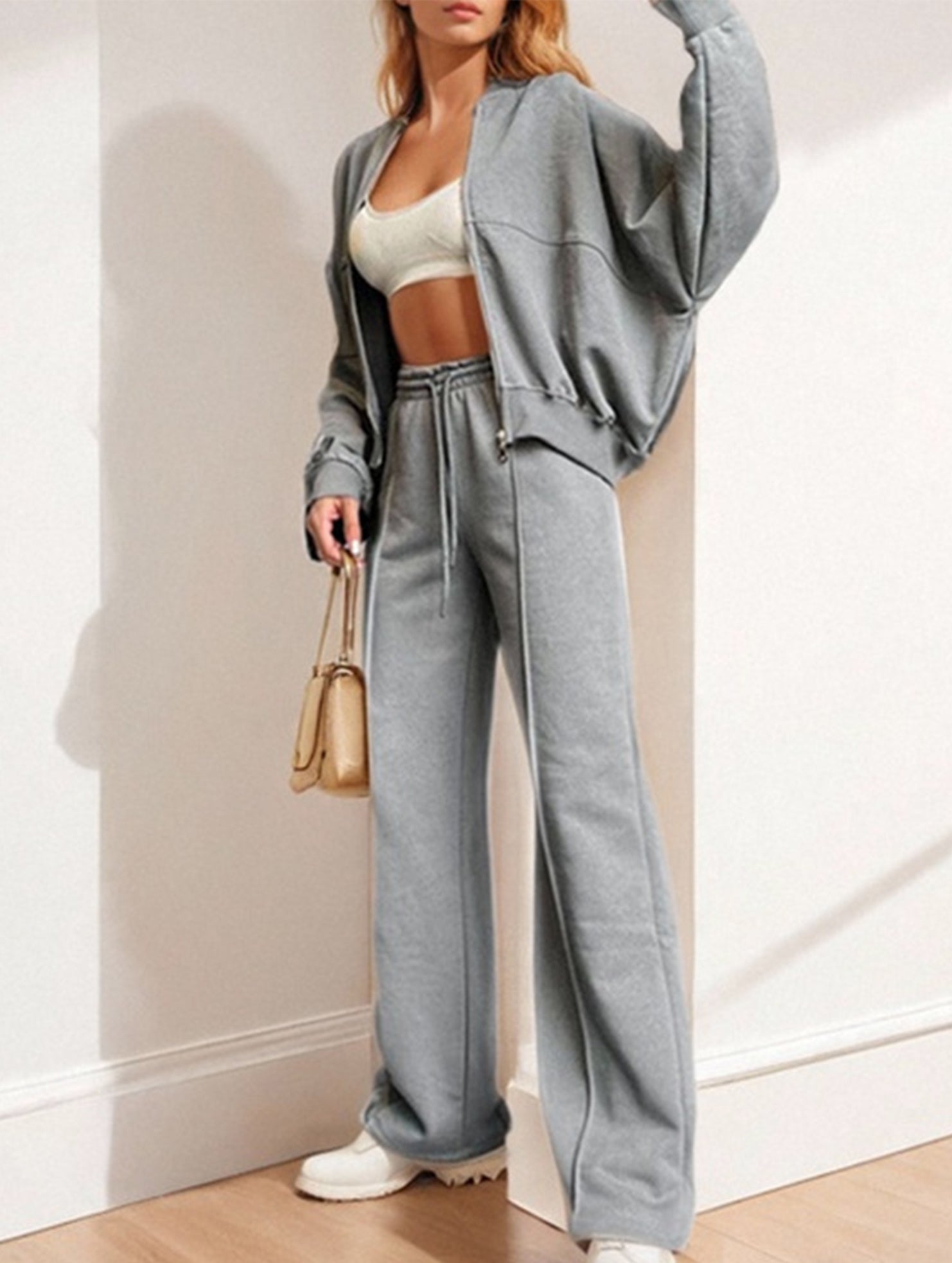 Women's drawstring sweatshirt and straight leg pants