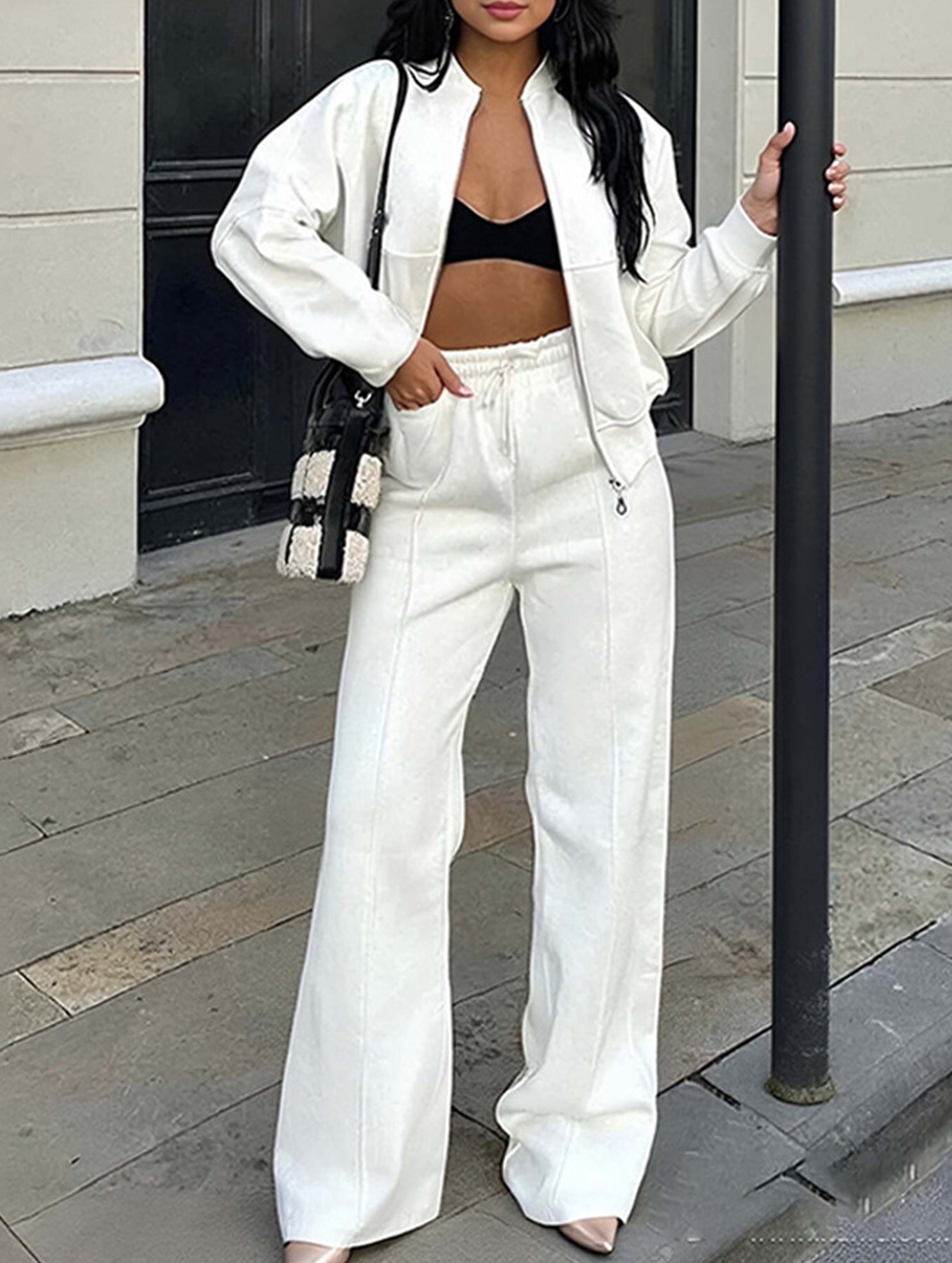 Women's drawstring sweatshirt and straight leg pants