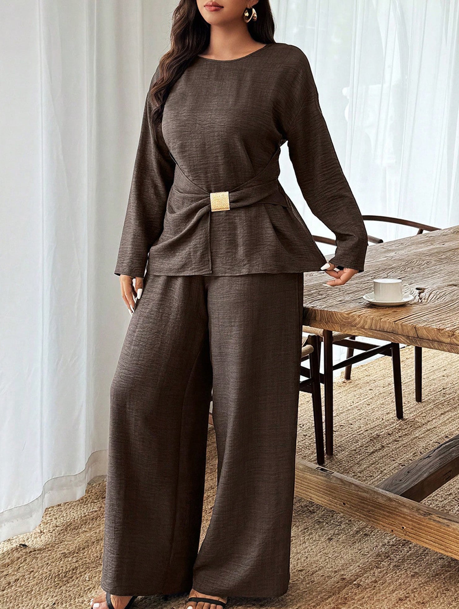 Women's Fitted Round Neck Top and Wide Leg Pants Suit_CWSS01450