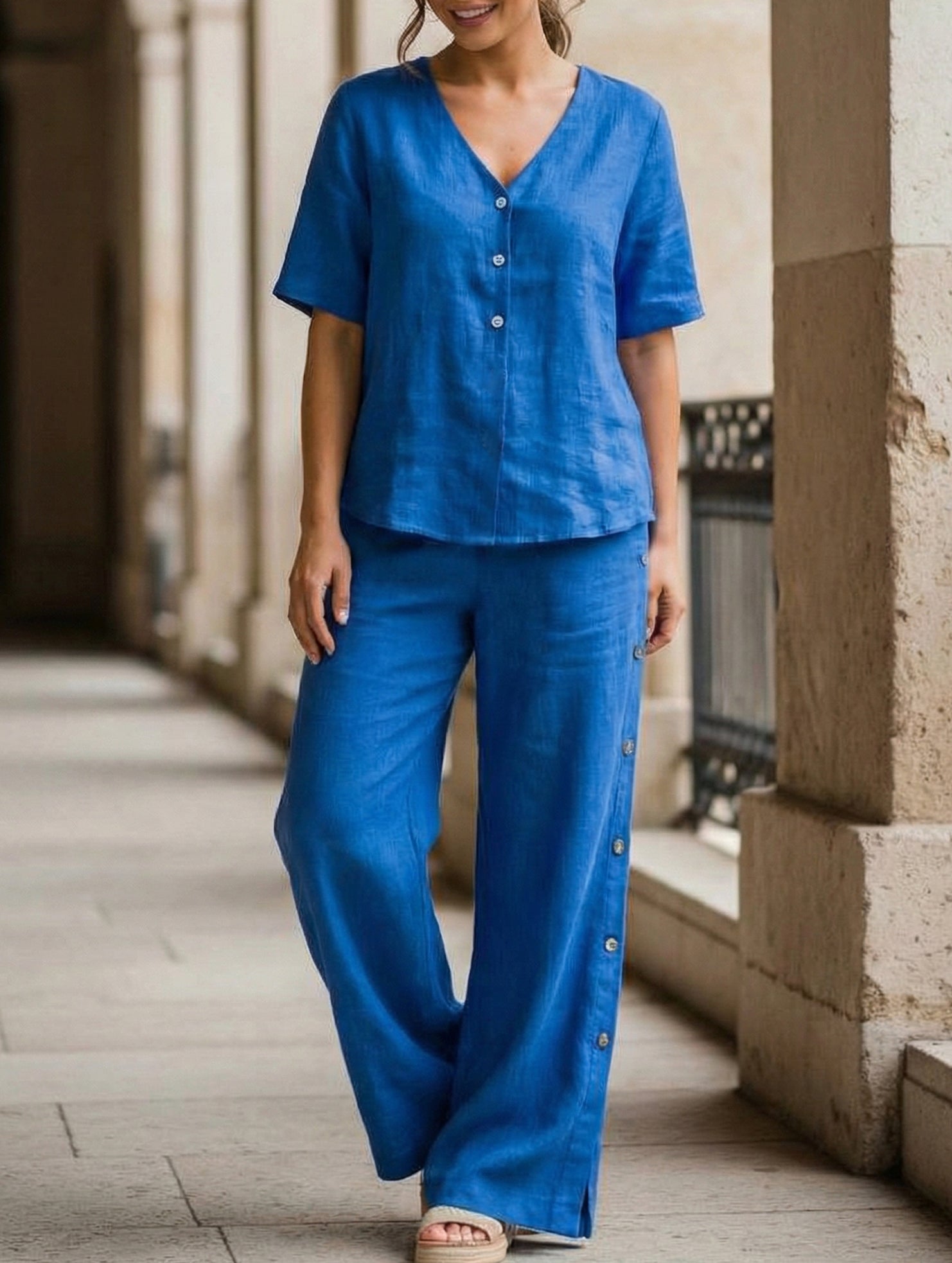 Casual short-sleeved button-down cotton-linen set